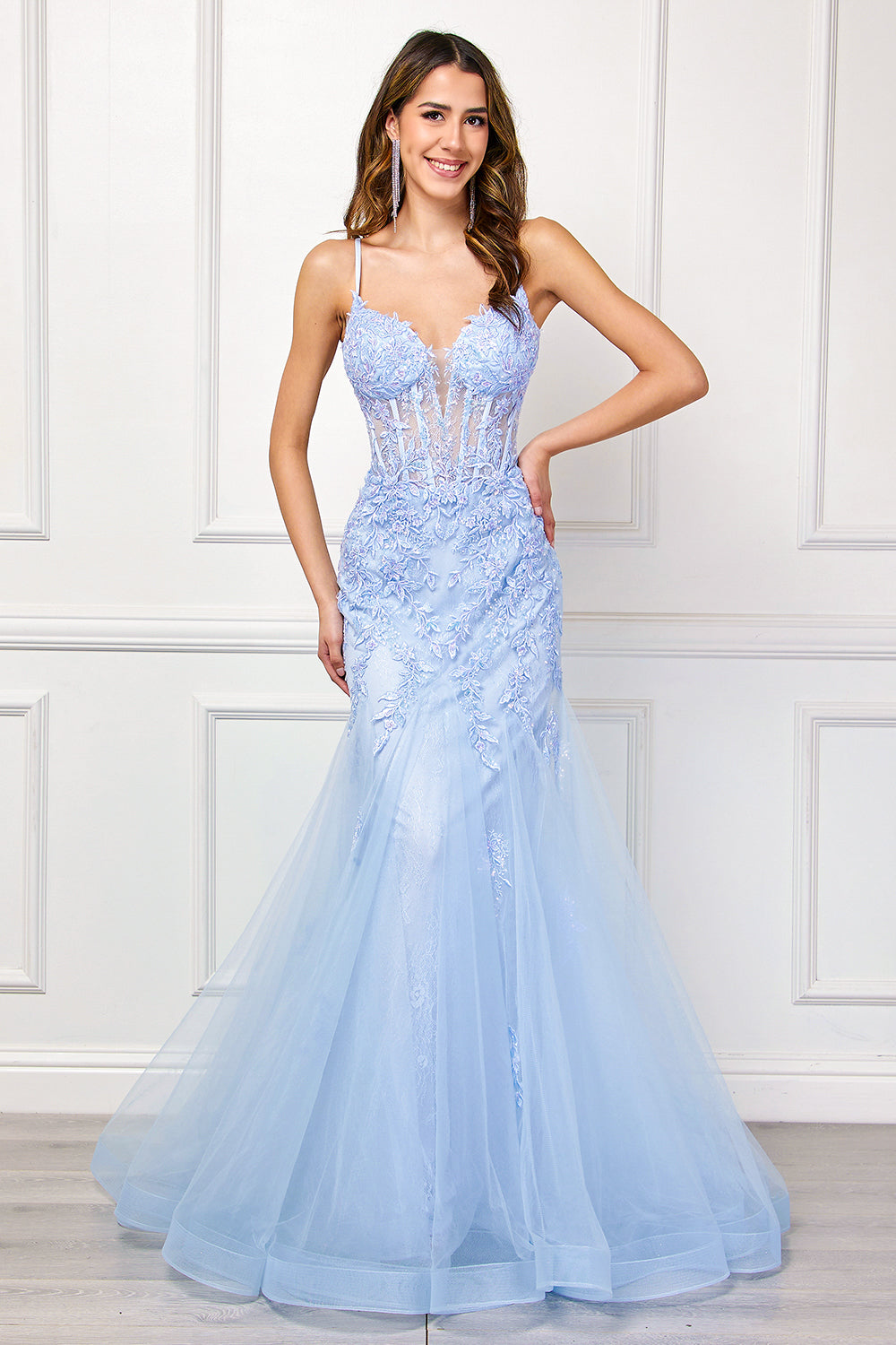 2120 lace bodice mermaid prom gown, baby blue, front view