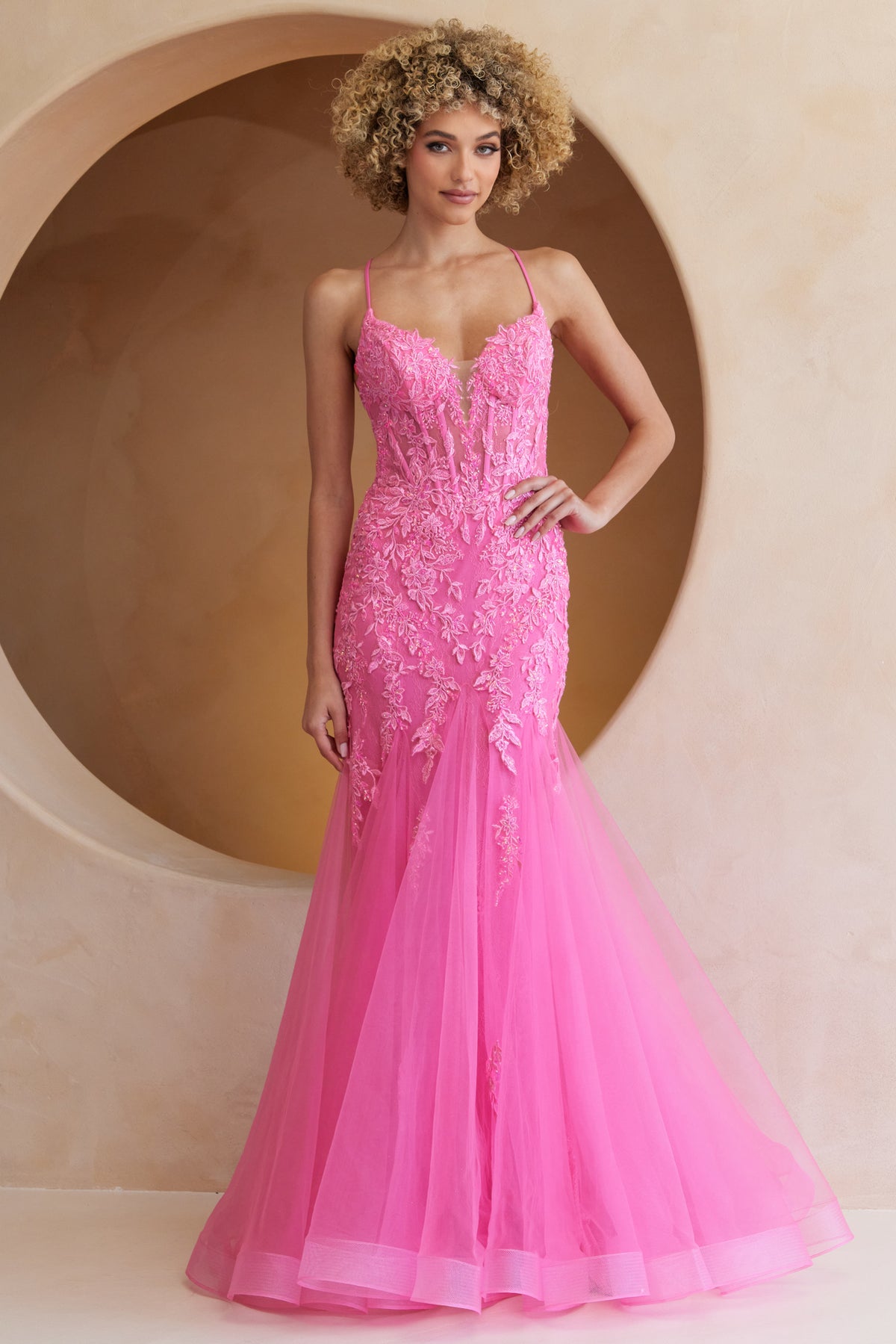 2120 lace bodice mermaid prom gown, pink, front view