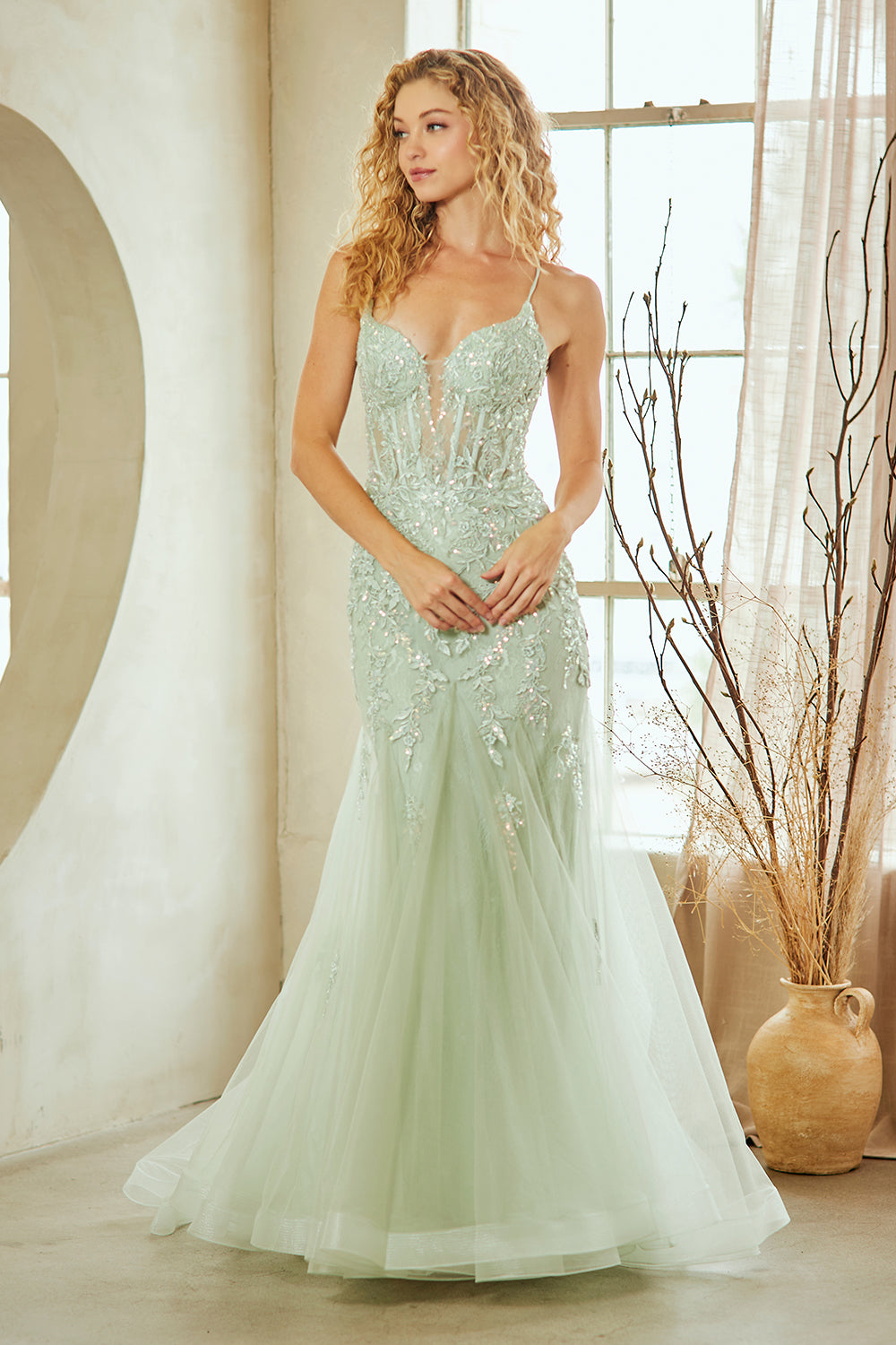 2120 lace bodice mermaid prom gown, sage, front view
