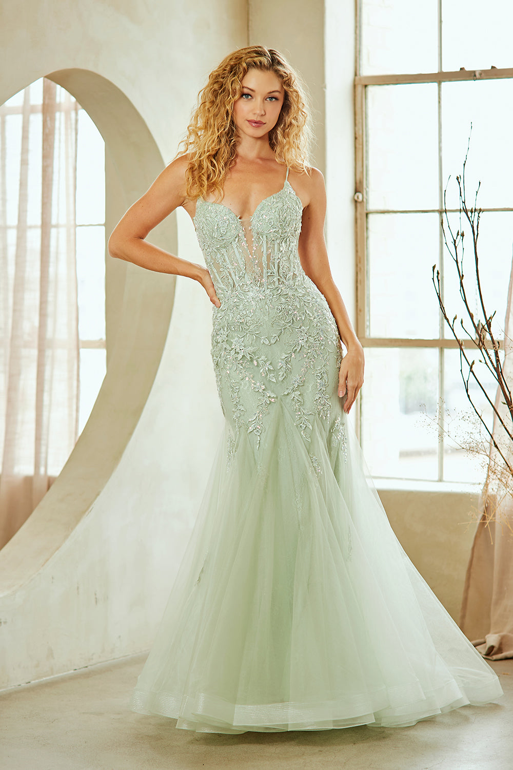 2120 lace bodice mermaid prom gown, sage, front view