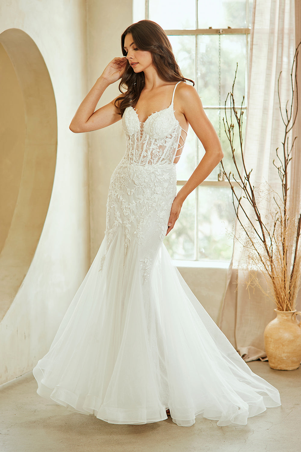 2120 lace bodice mermaid prom gown, white, front view