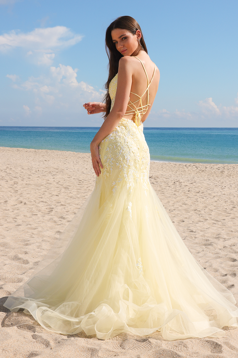 2120 lace bodice mermaid prom gown, yellow, back view