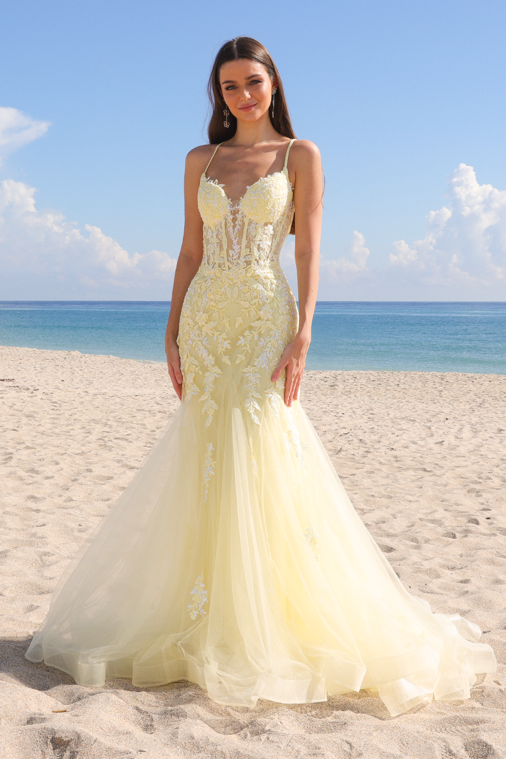 2120 lace bodice mermaid prom gown, yellow, front view