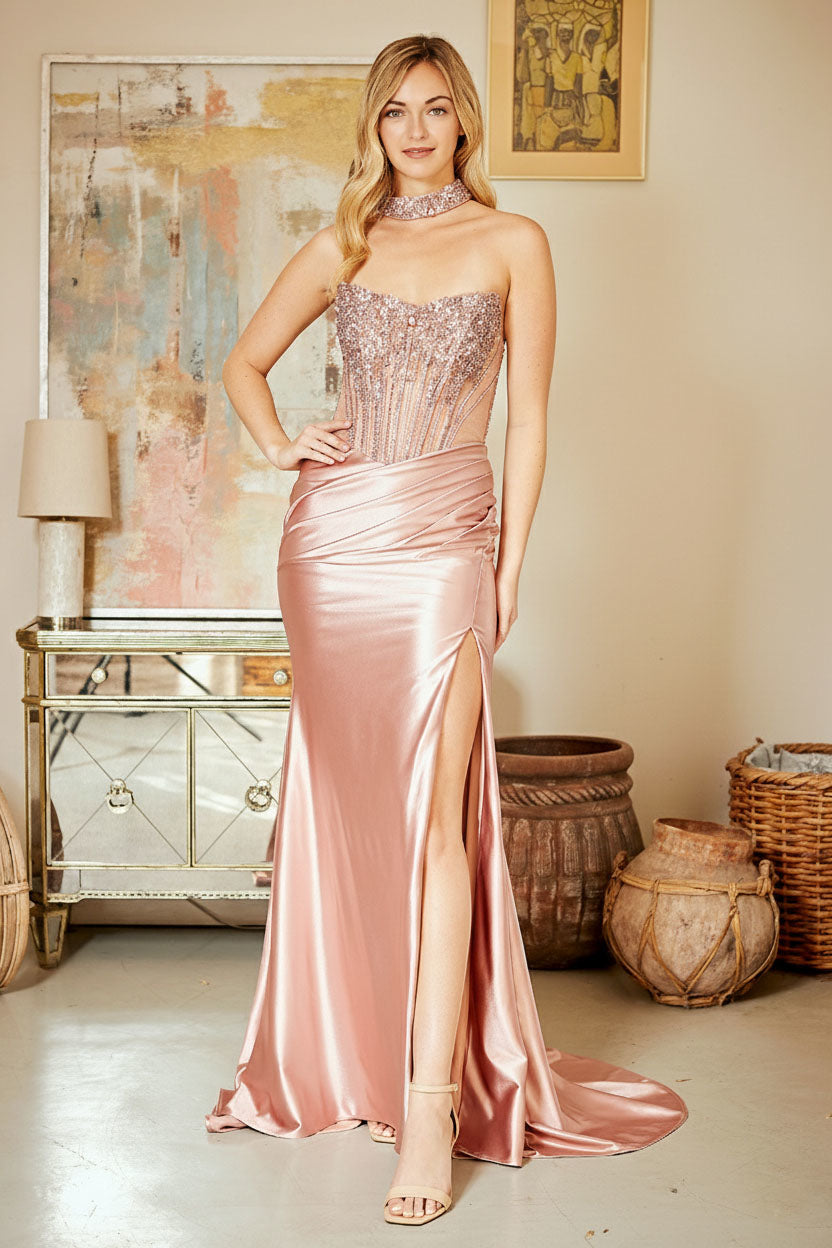 AC3121 beaded corset slit evening gown, rose, front view