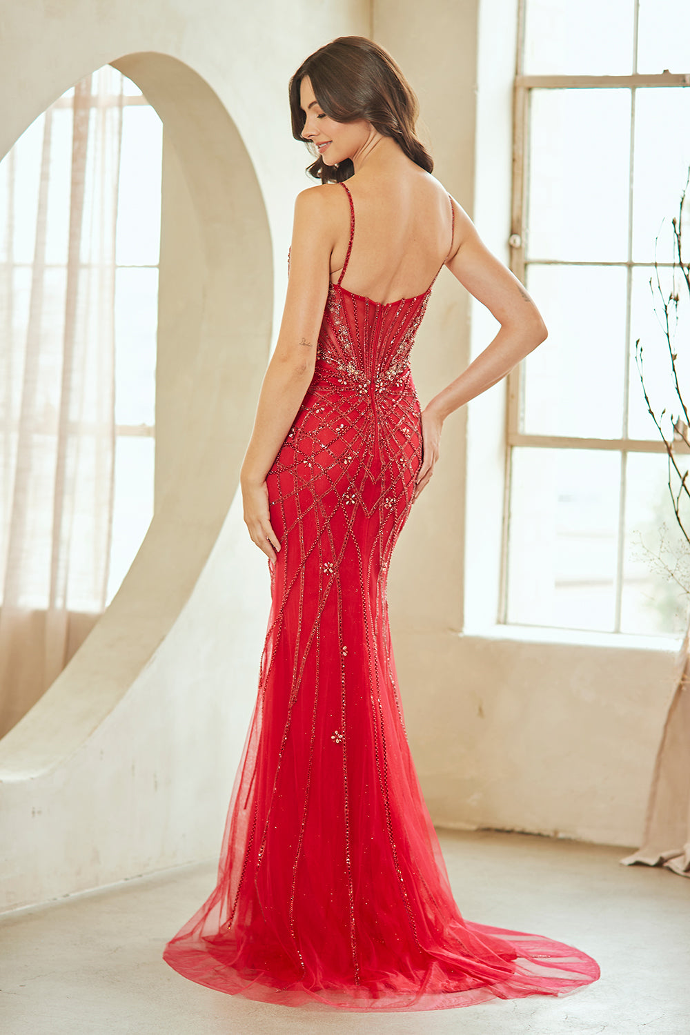 2135 geometric embellished formal gown, red, back view