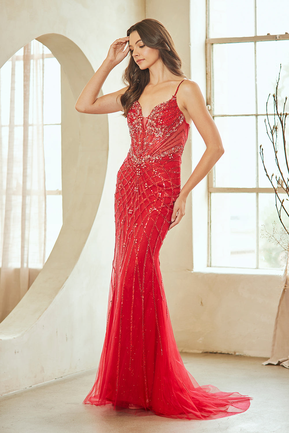 2135 geometric embellished formal gown, red, front view