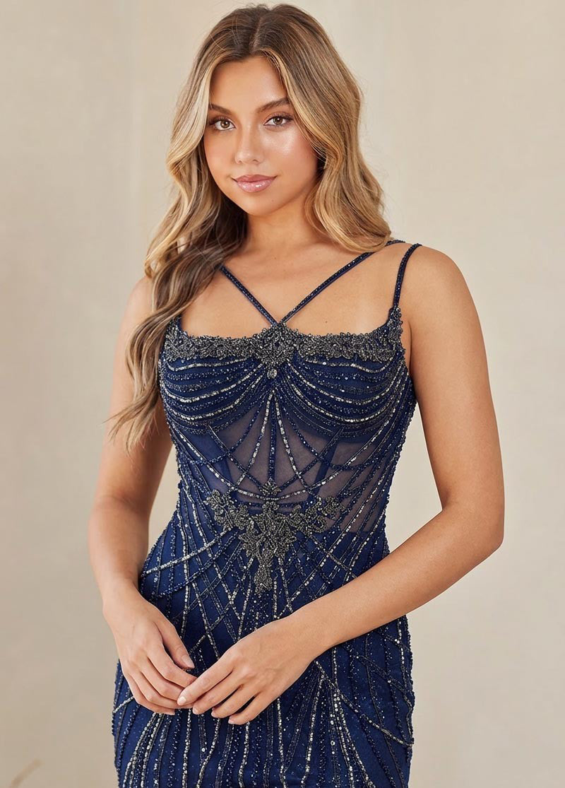 2136 beaded lace-up evening gown, navy, detail view
