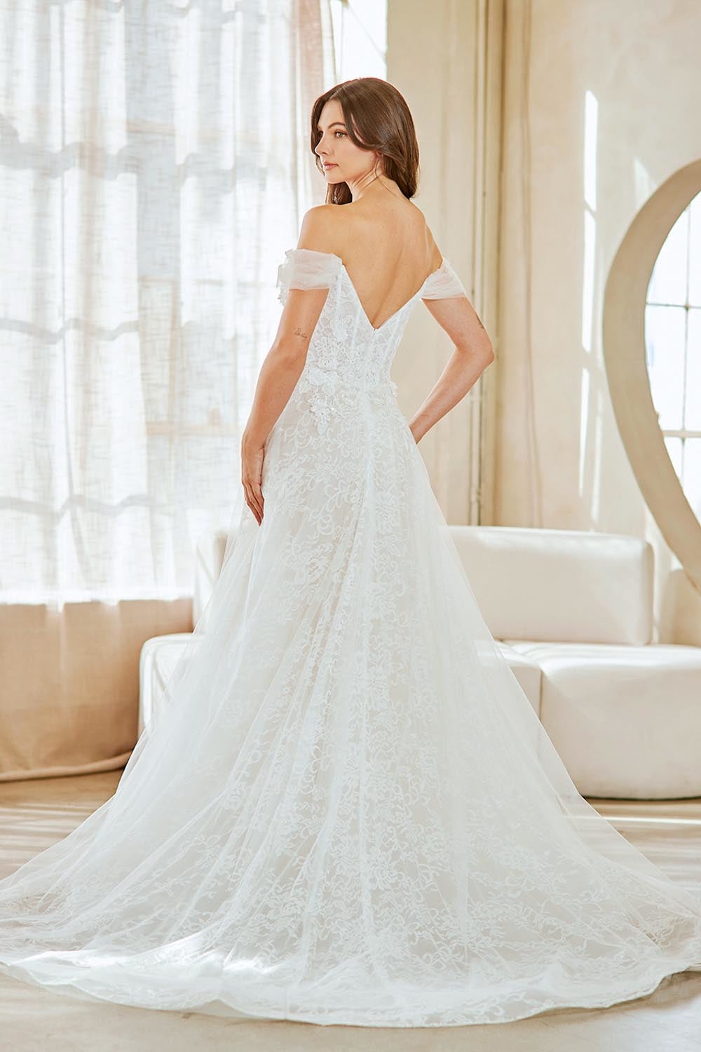 2139 off-shoulder lace slit bridal gown, white, back view
