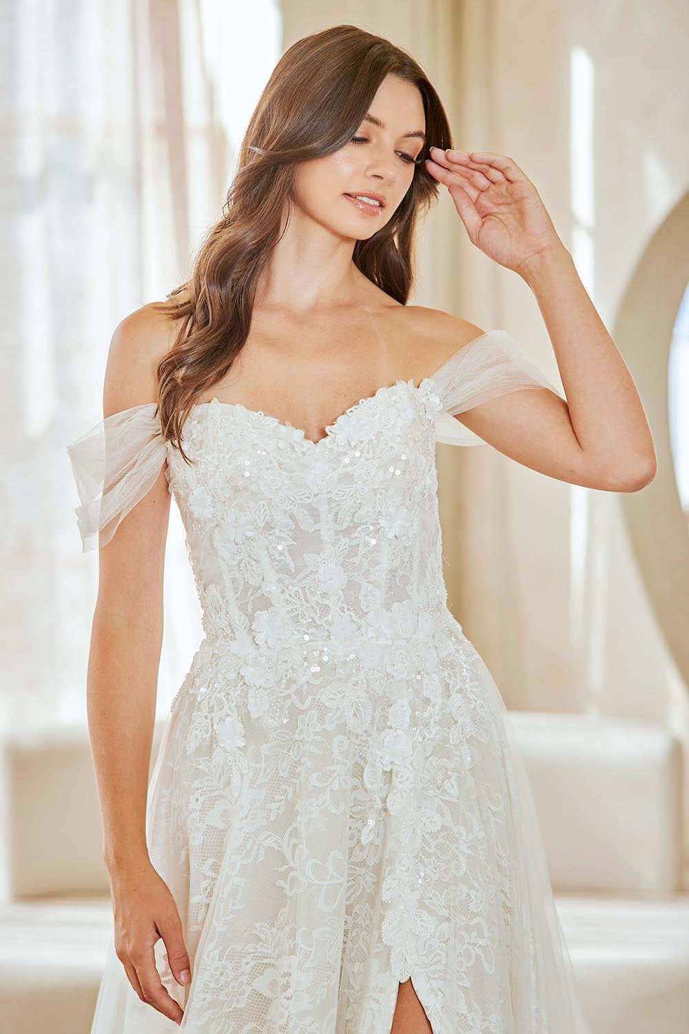 2139 off-shoulder lace slit bridal gown, white, detail view