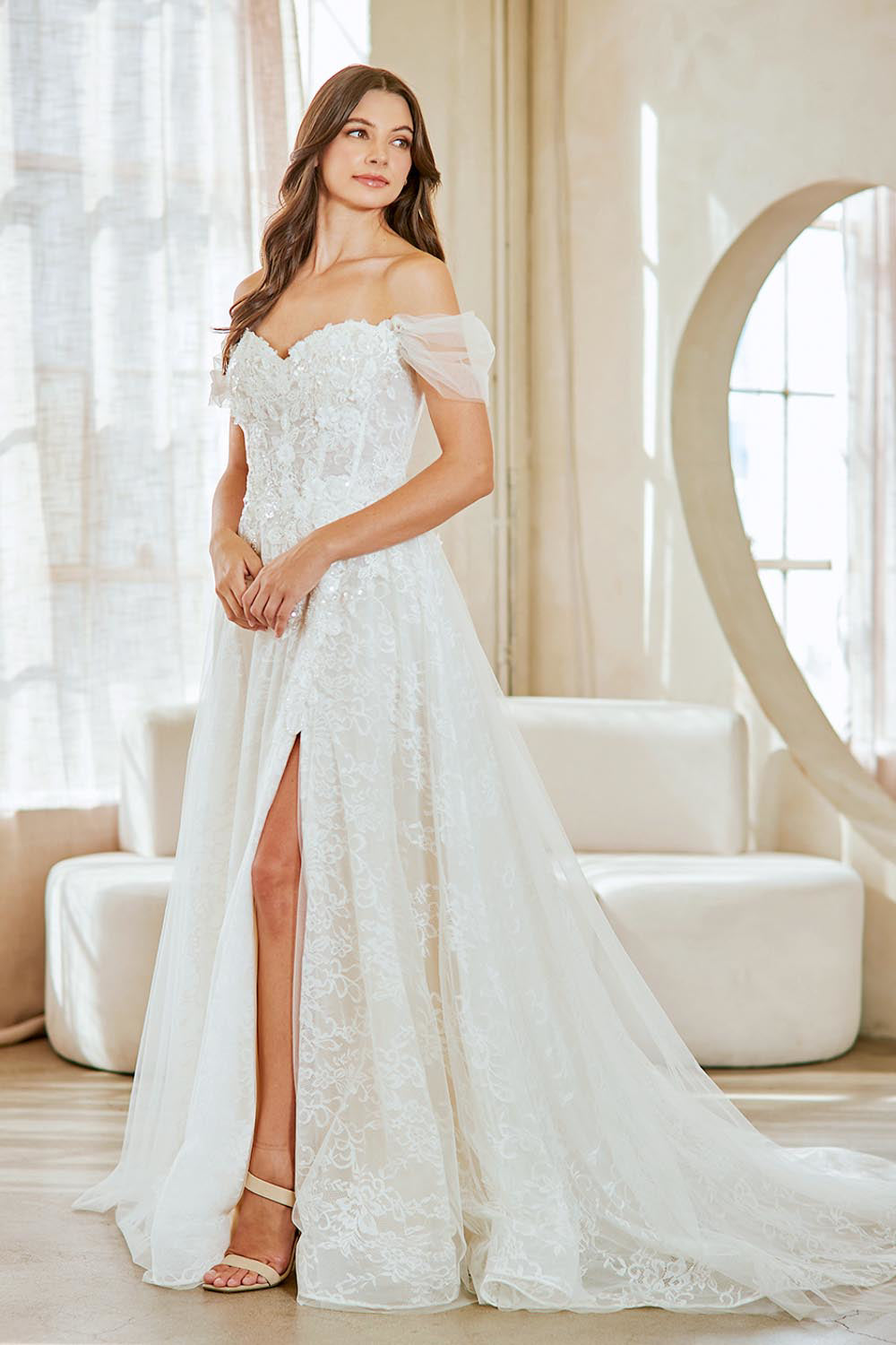 2139 off-shoulder lace slit bridal gown, white, front view