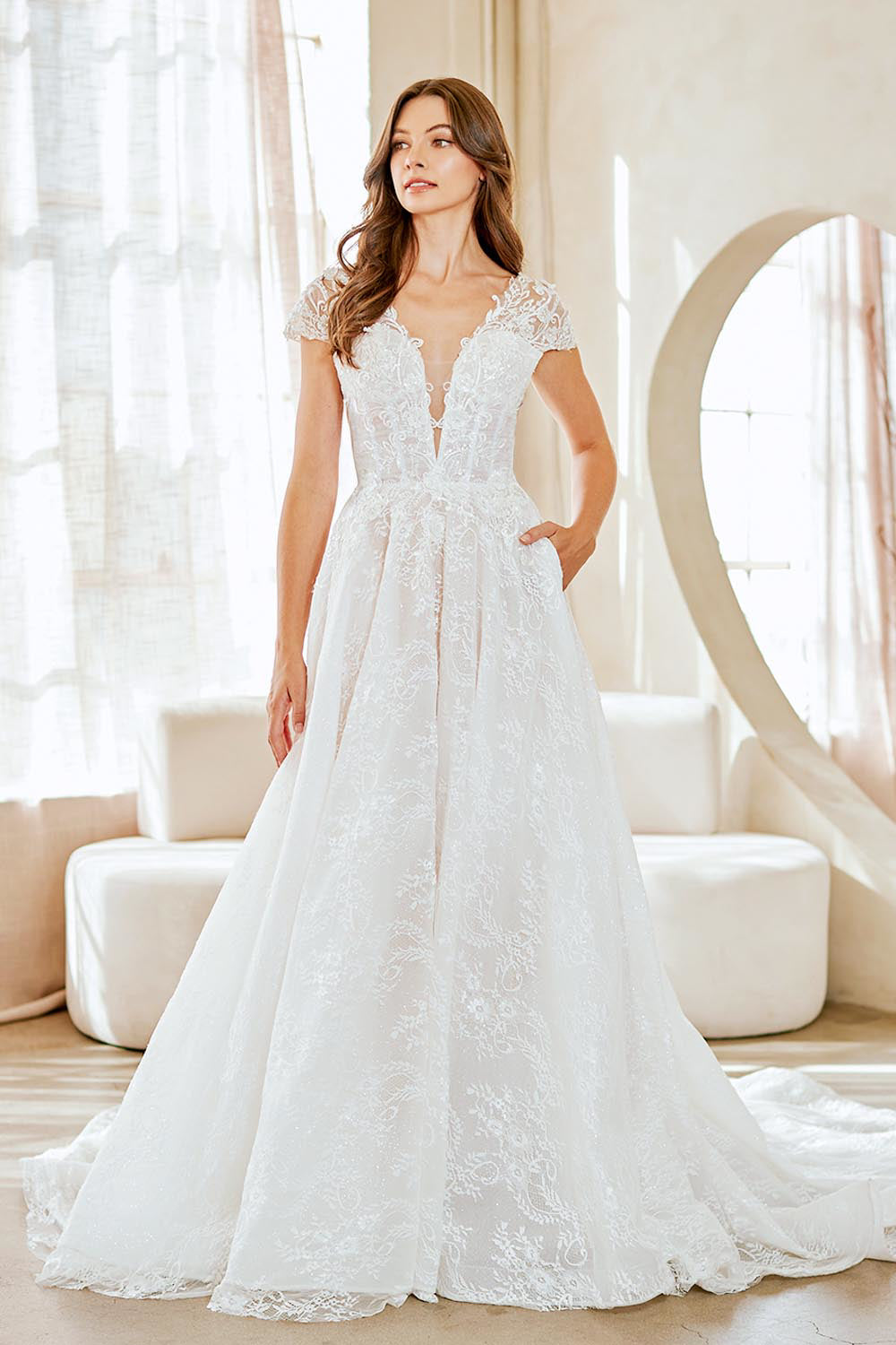 2142 cap-sleeve lace a-line bridal gown, white, front view