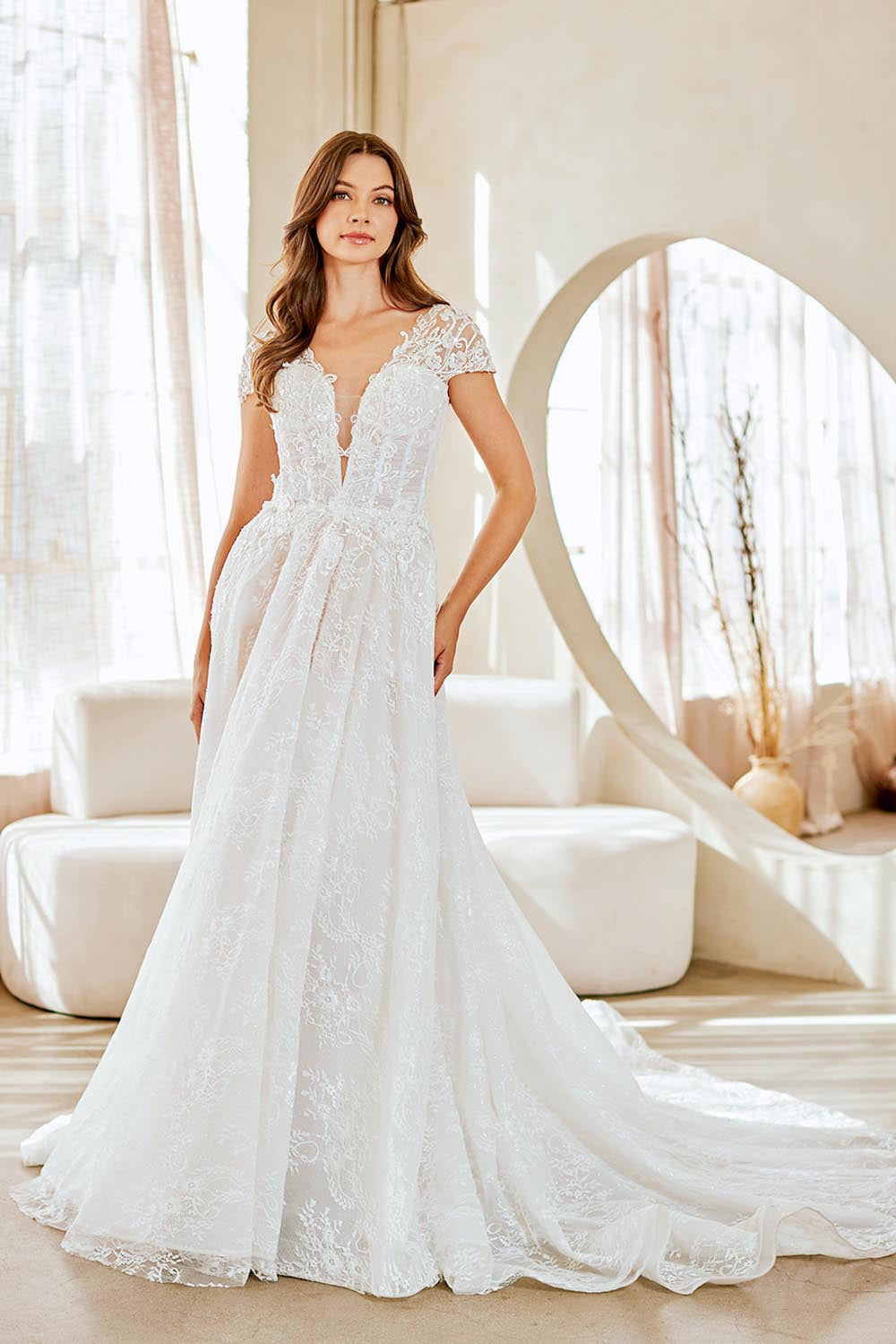 2142 cap-sleeve lace a-line bridal gown, white, front view