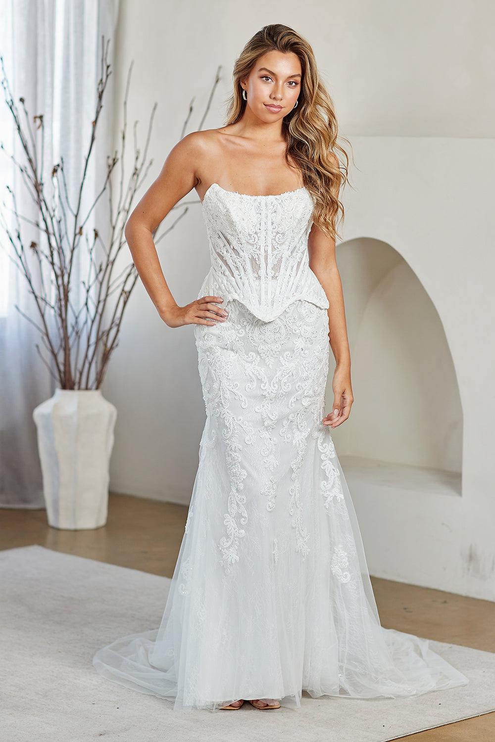2151 strapless lace corset bridal gown, white, front view