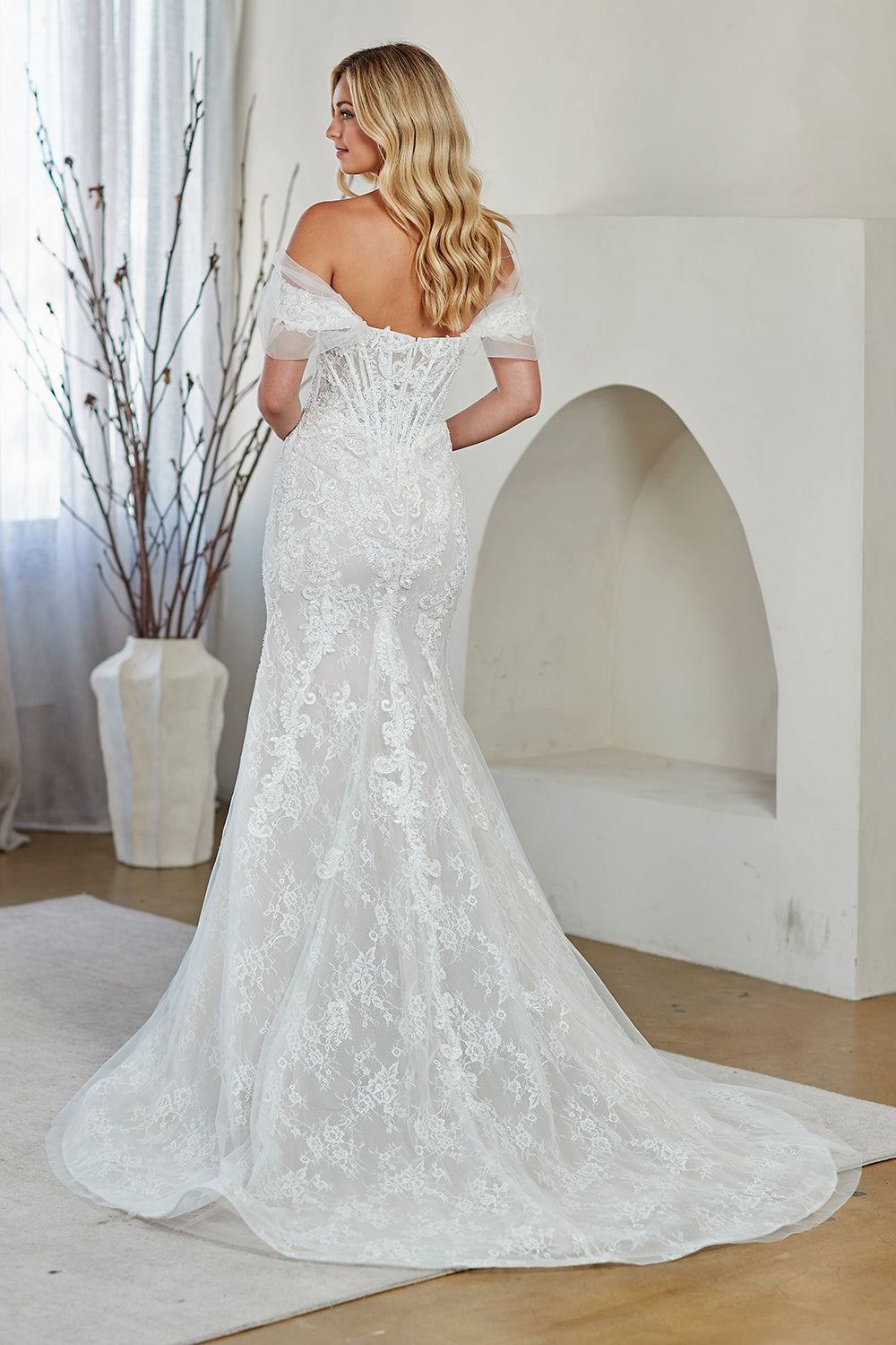 2153 off-shoulder lace mermaid bridal gown, white, back view