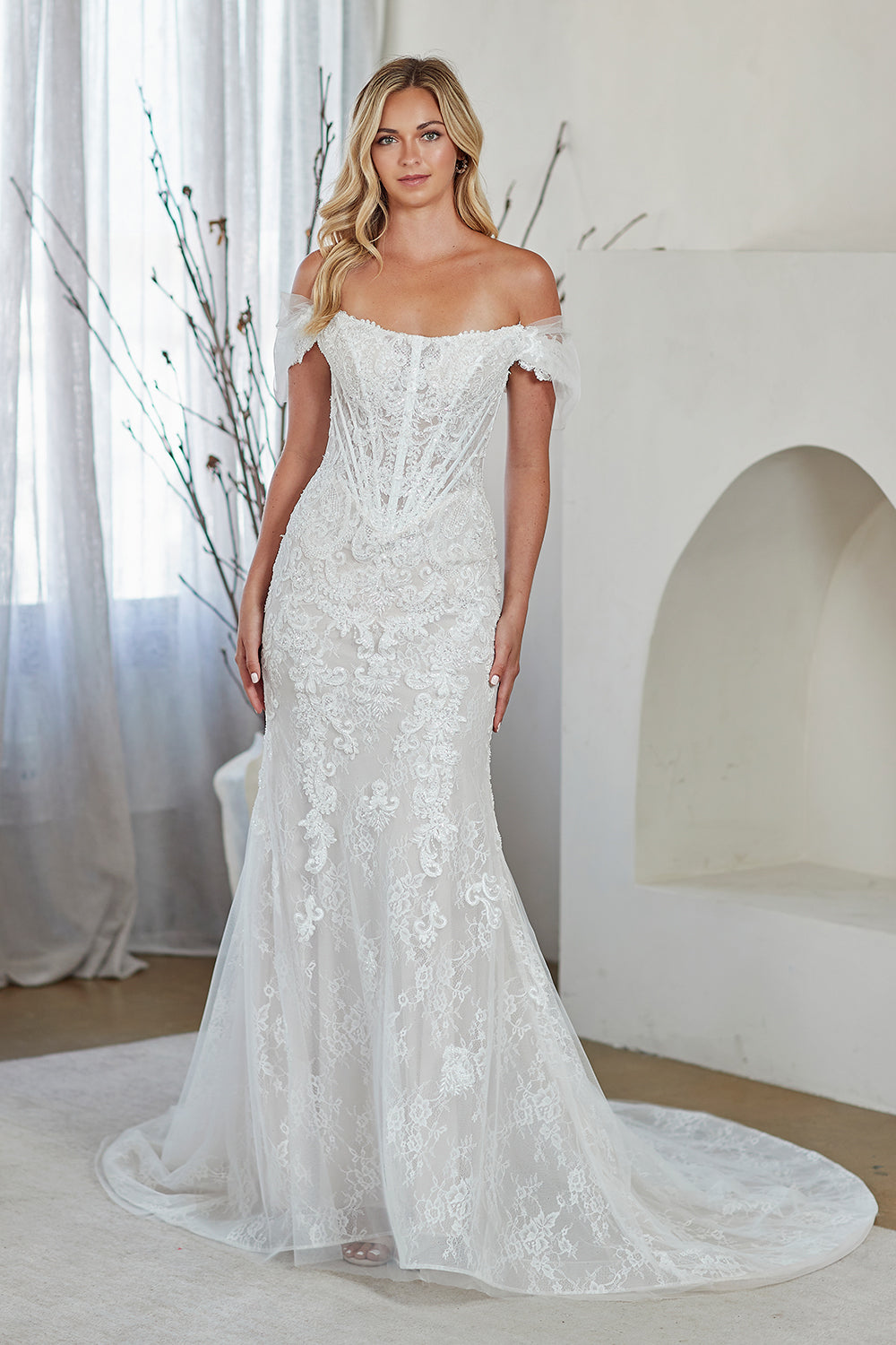 2153 off-shoulder lace mermaid bridal gown, white, front view