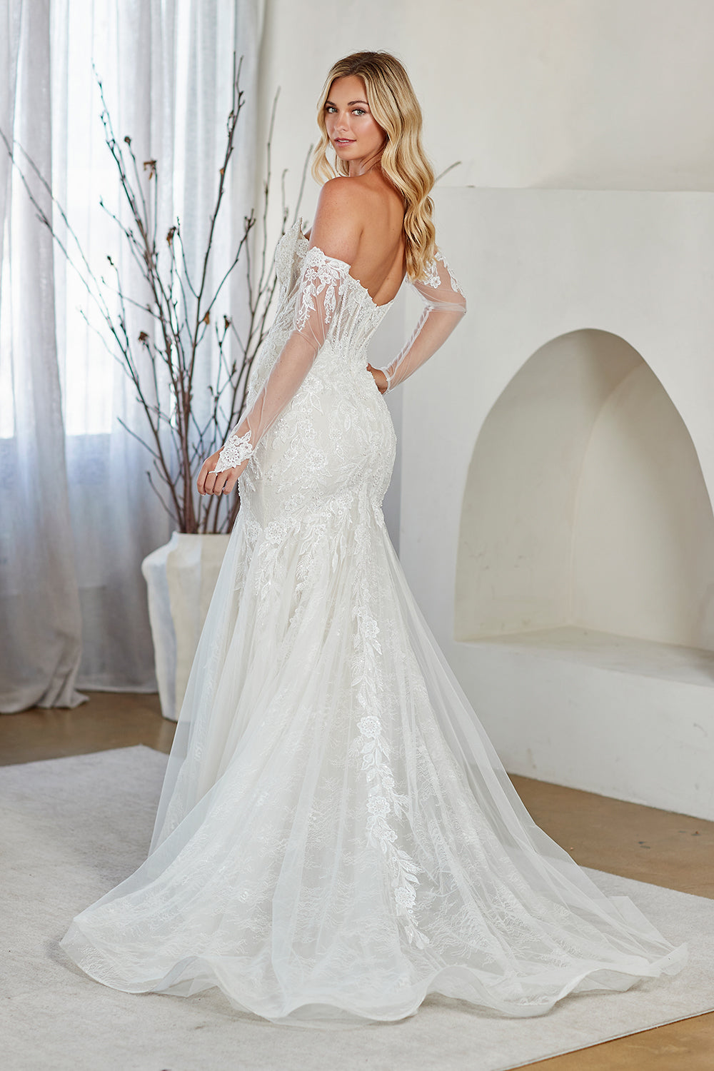 2155 lace-sleeve corset a-line bridal gown, white, back view