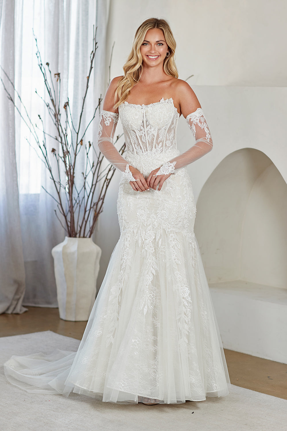 2155 lace-sleeve corset a-line bridal gown, white, front view