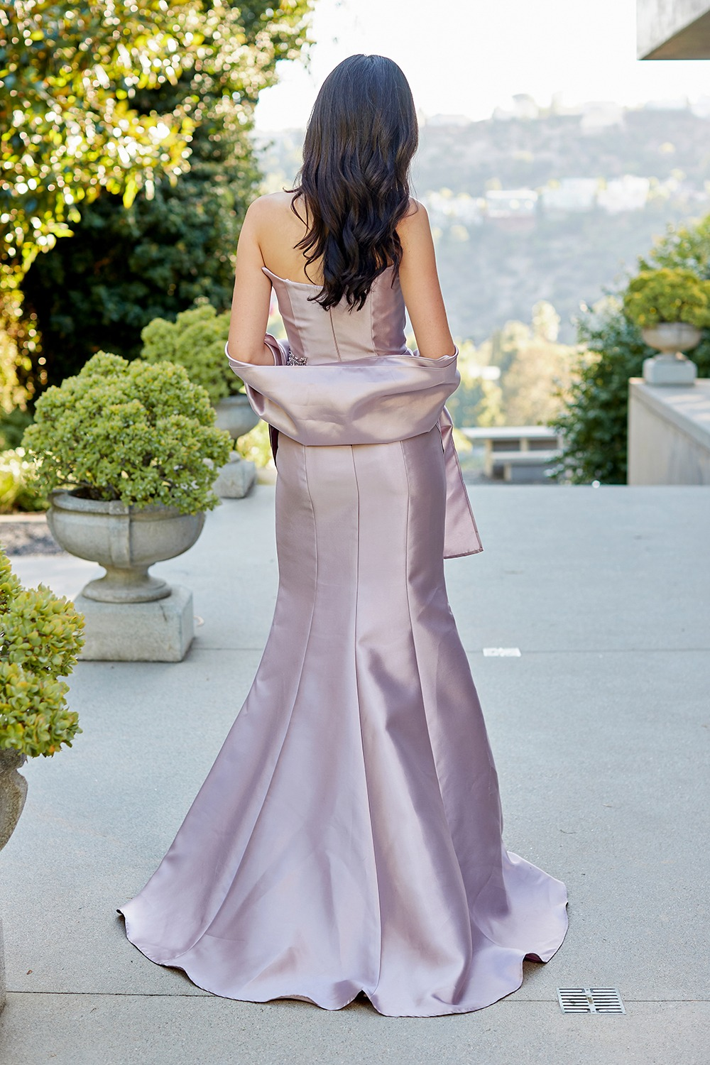 2162 embellished strapless mermaid gown with wrap, dark mauve, back view