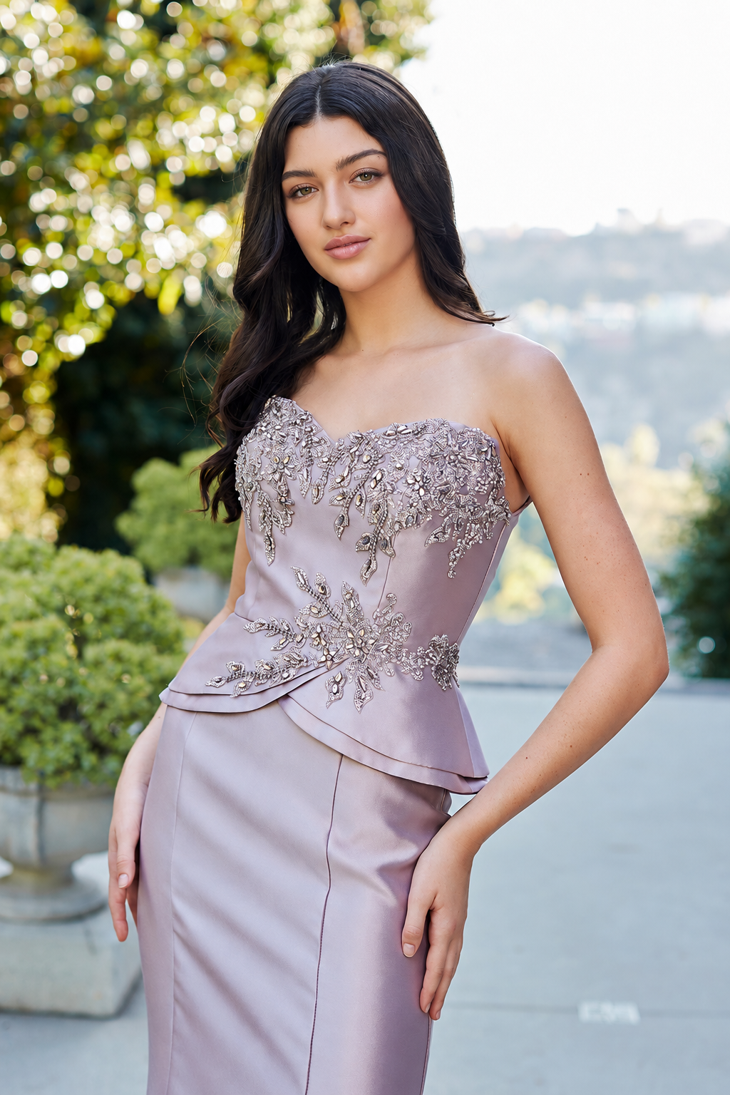 2162 embellished strapless mermaid gown with wrap, dark mauve, detail view