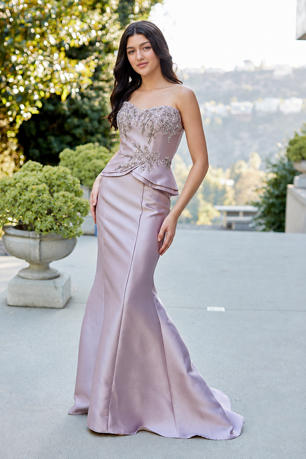 2162 embellished strapless mermaid gown with wrap, dark mauve, front view