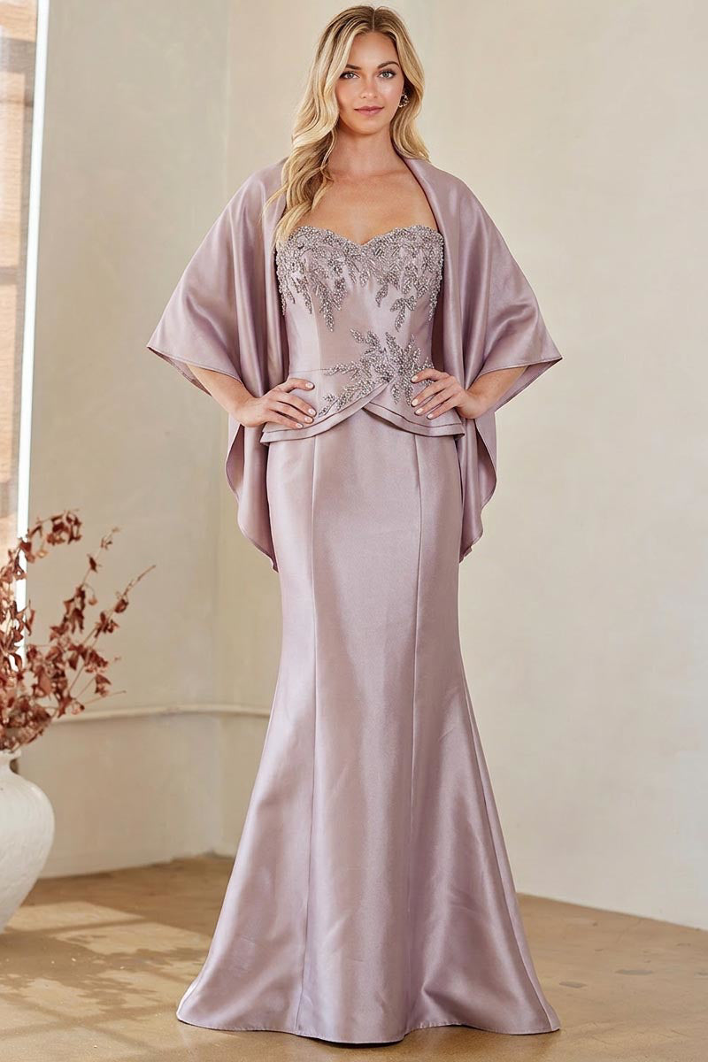 2162 embellished strapless mermaid gown with wrap, dark mauve, front view