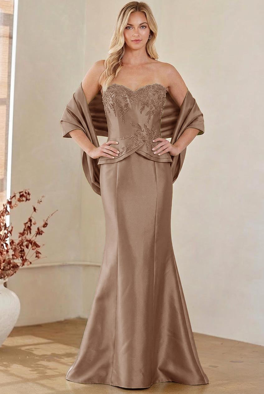 2162 embellished strapless mermaid gown with wrap, mocha, front view