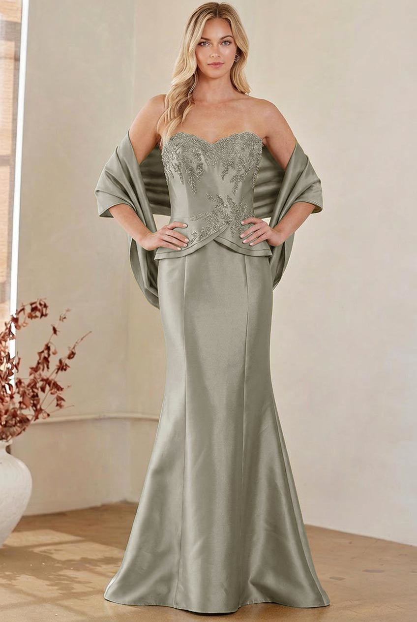 2162 embellished strapless mermaid gown with wrap, sage, front view