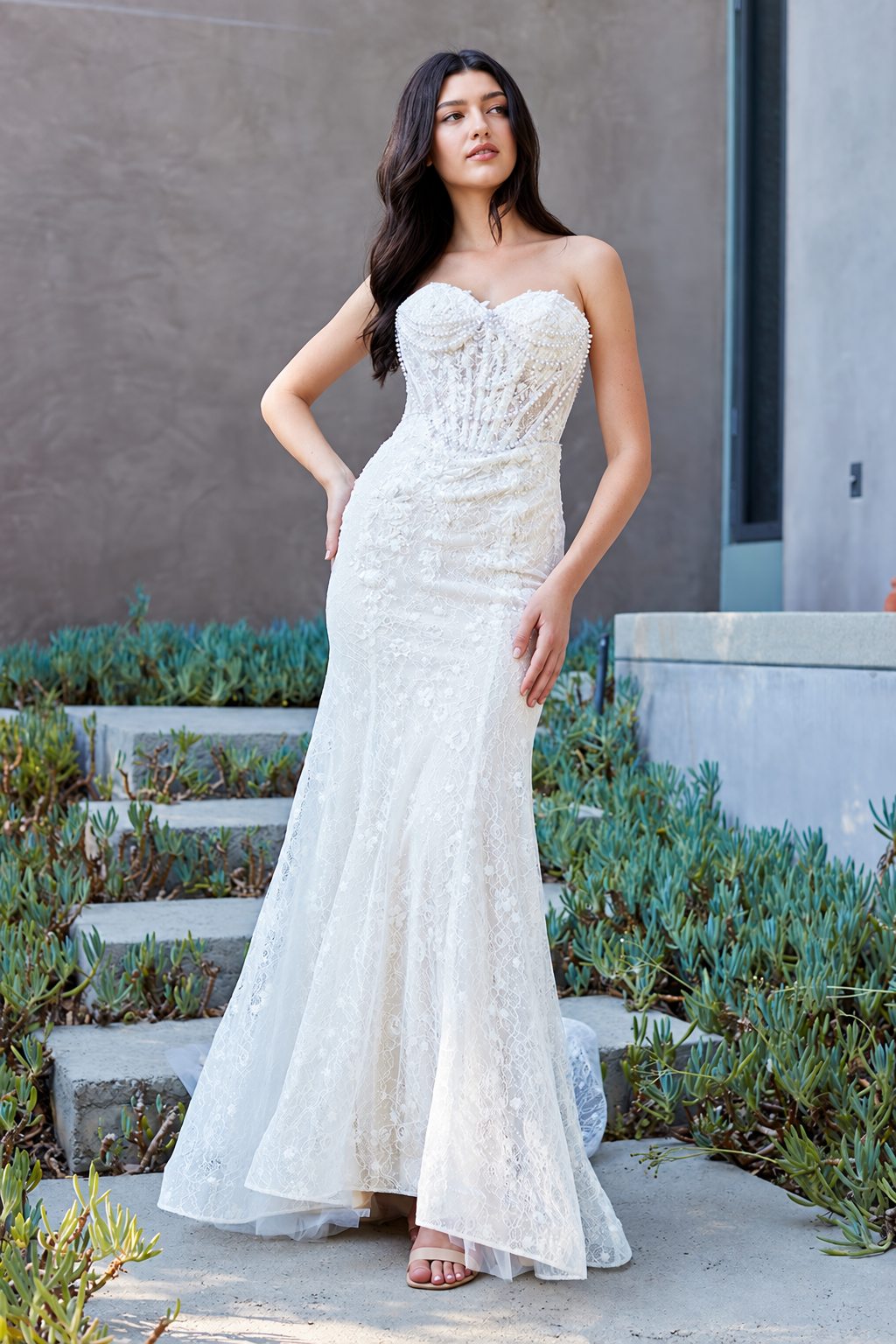 2168 strapless embellished mermaid wedding dress, white, front view