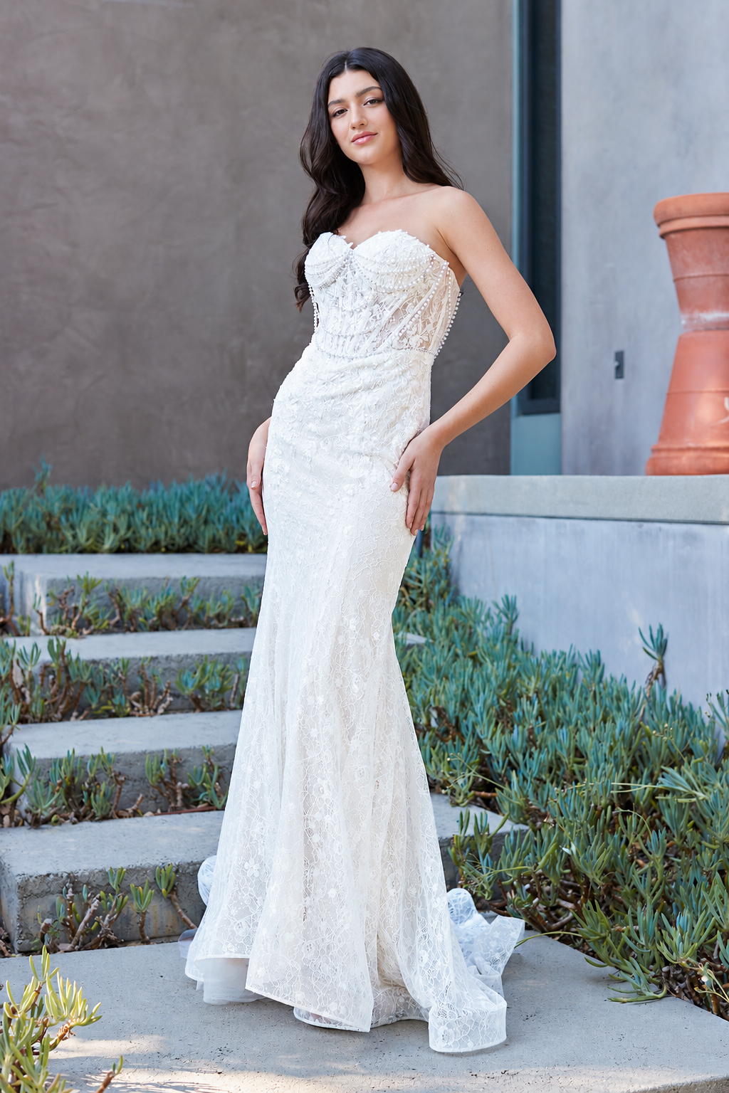 2168 strapless embellished mermaid wedding dress, white, front view