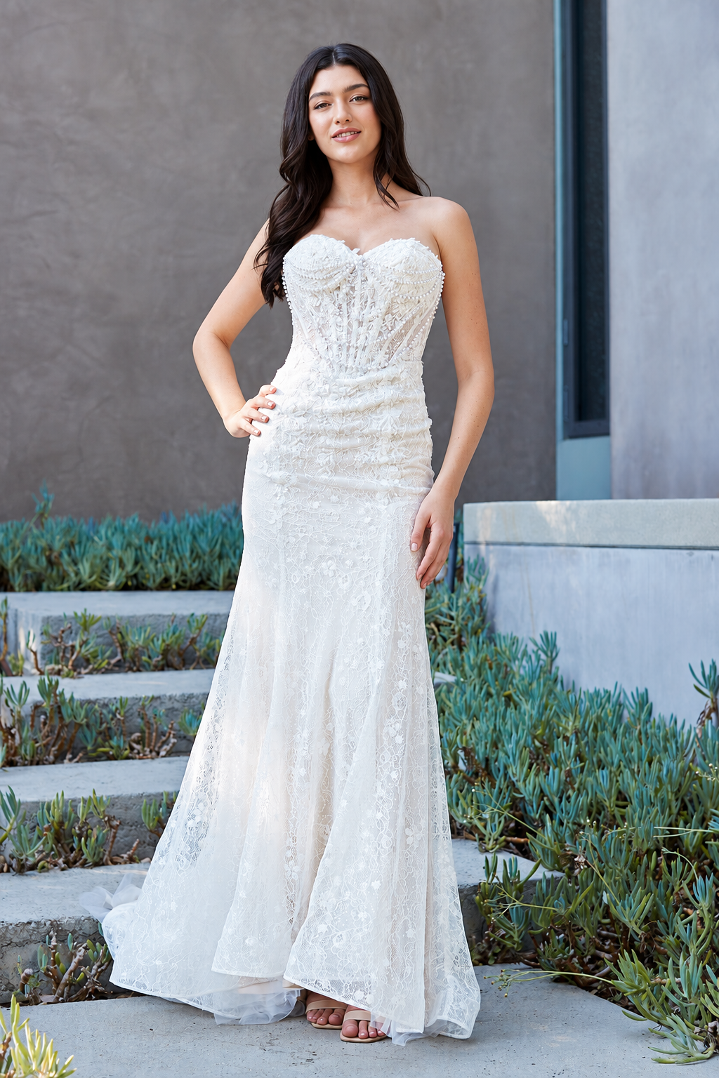 2168 strapless embellished mermaid wedding dress, white, front view