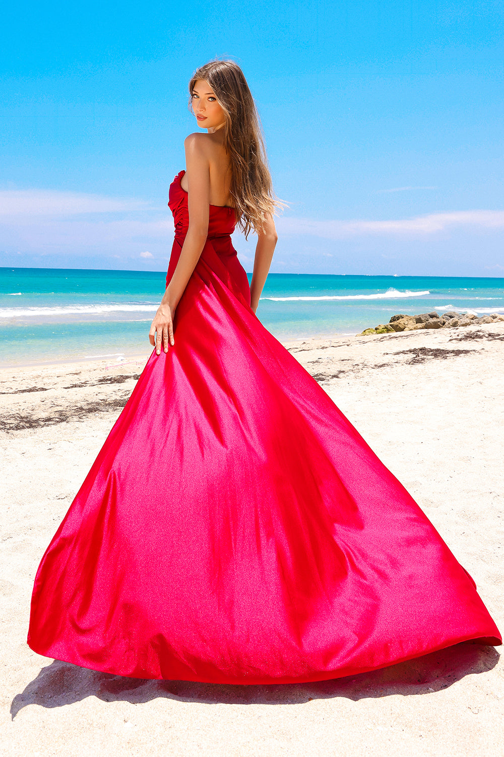3013 strapless draped slit prom gown, red, back view