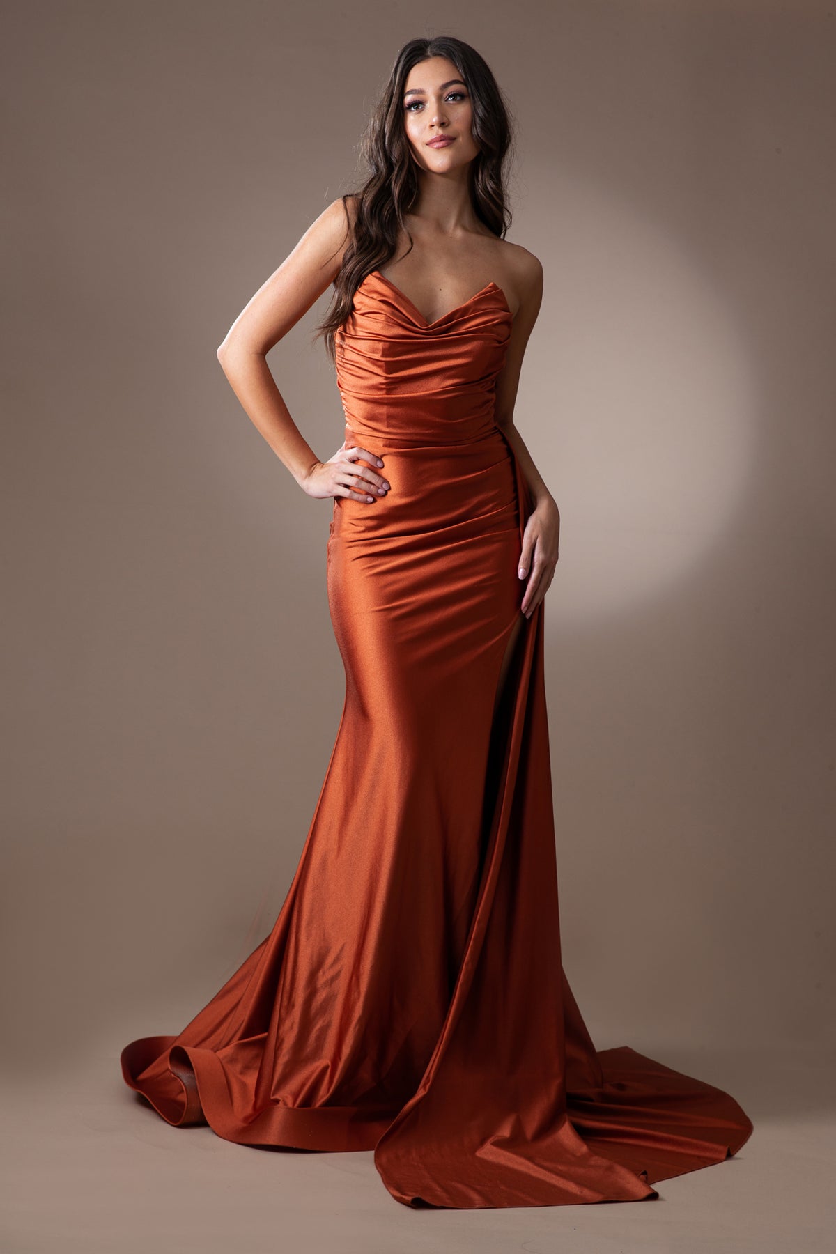 3013 strapless draped slit prom gown, sienna, front view