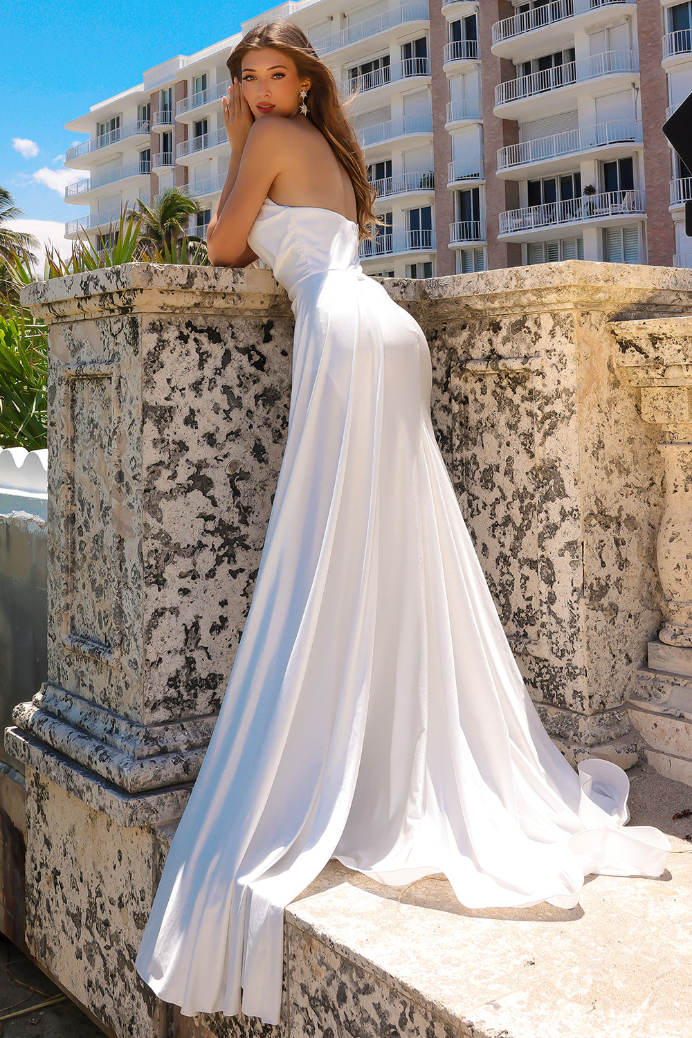 3013 strapless draped slit prom gown, white, back view