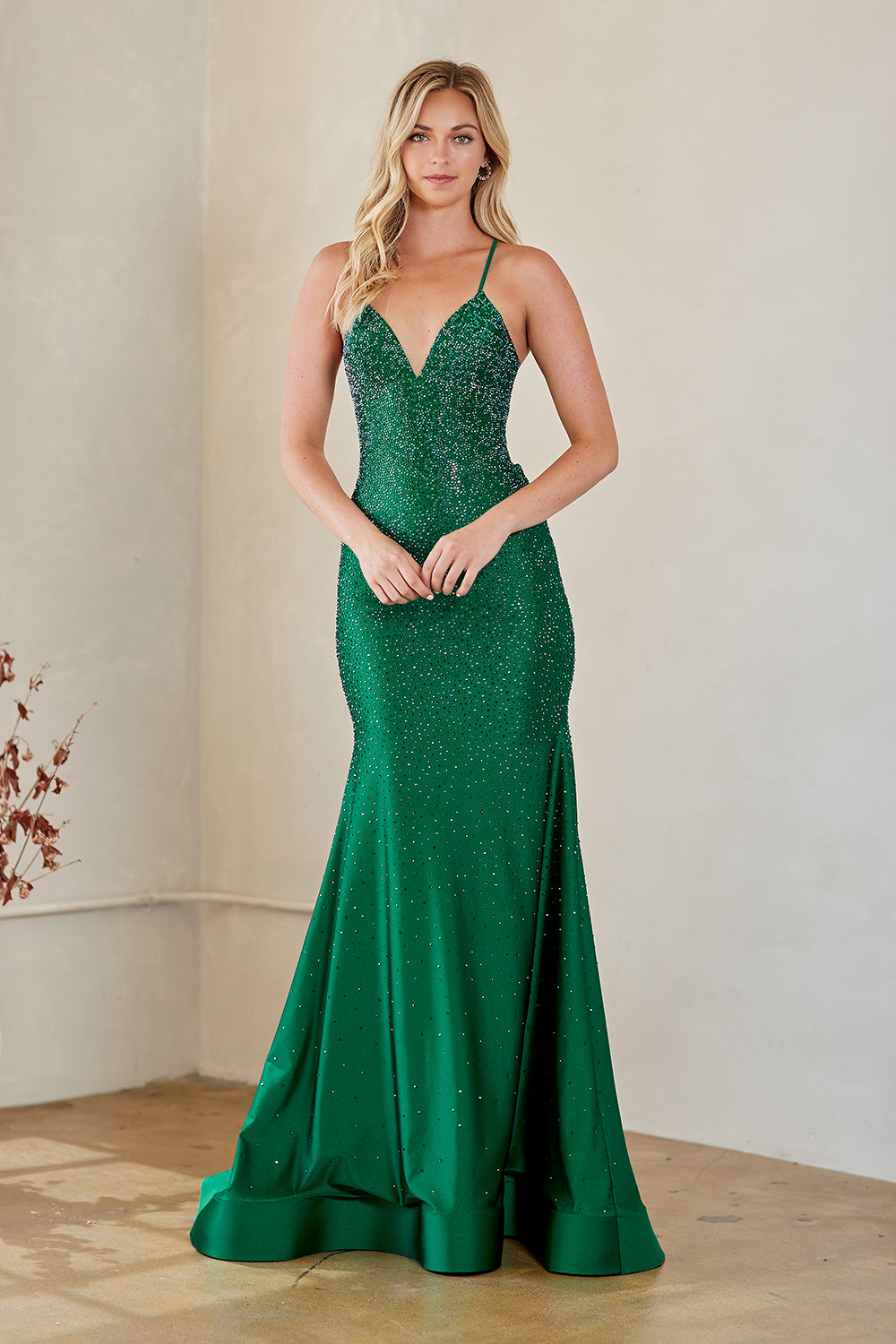 AC1830 sparkling v-neck mermaid gown, emerald green, front view