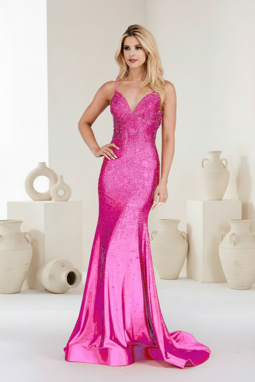 AC1830 sparkling v-neck mermaid gown, hot pink, front view