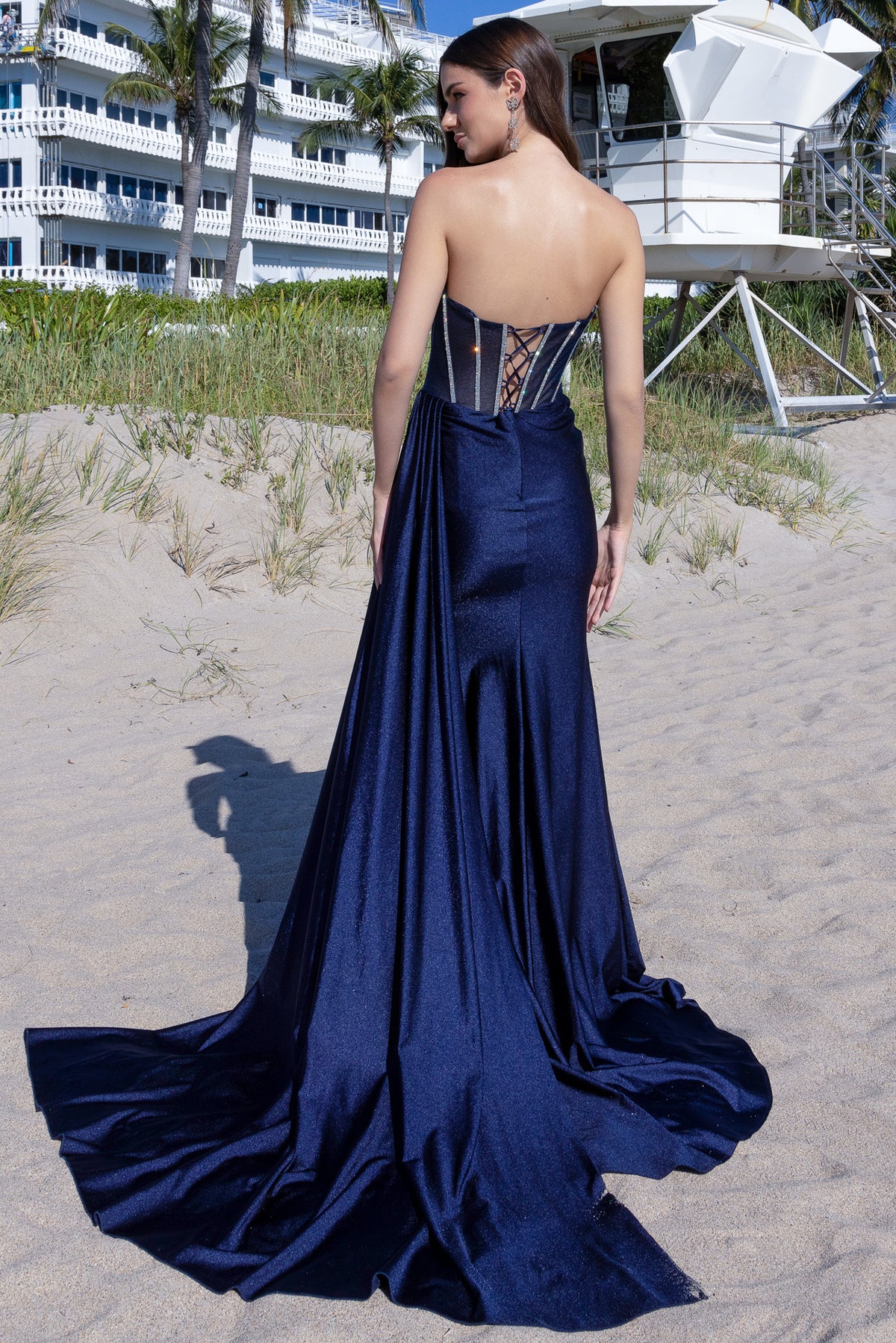 3099 strapless sheer corset slit gown, navy, back view