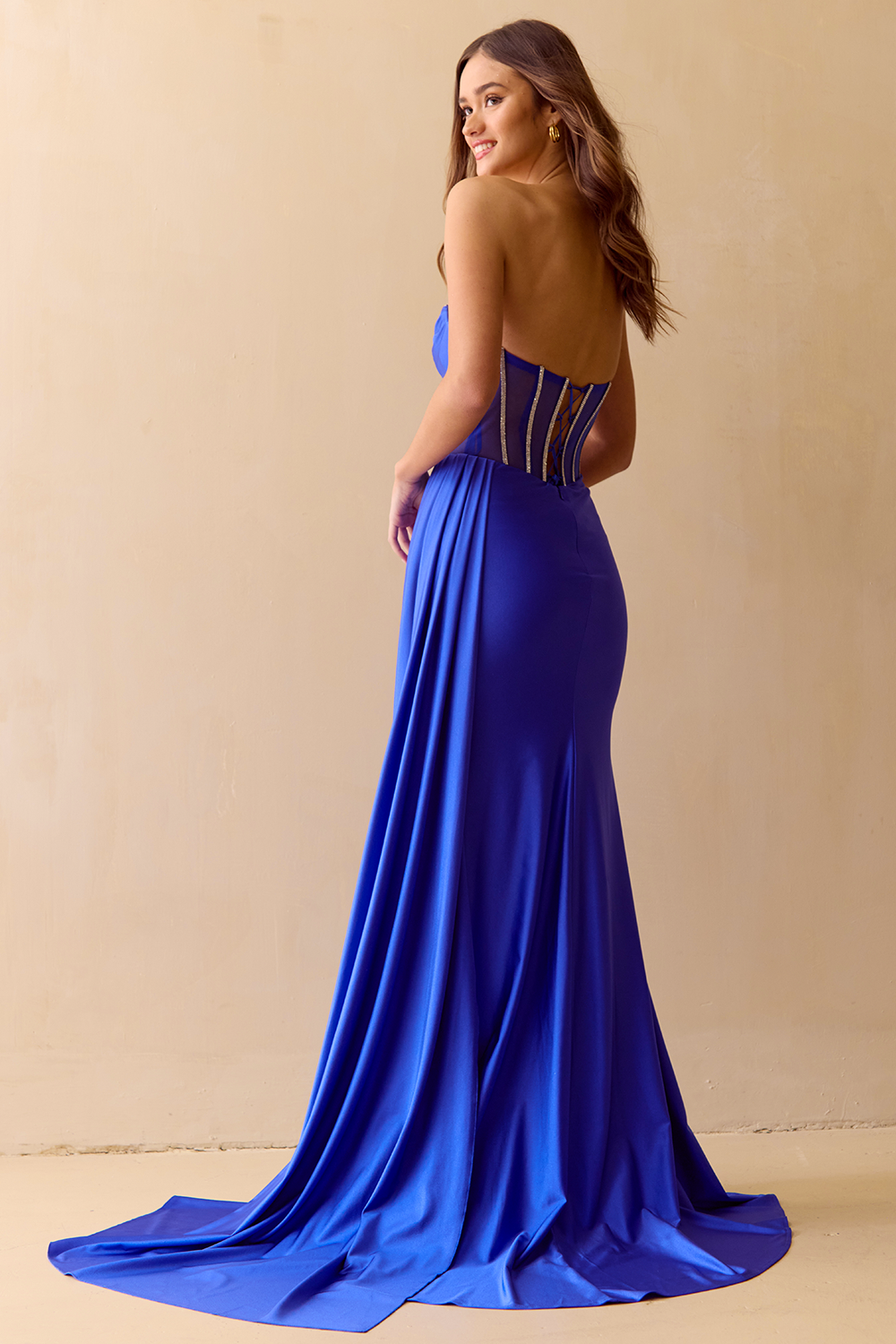 3099 strapless sheer corset slit gown, royal blue, back view