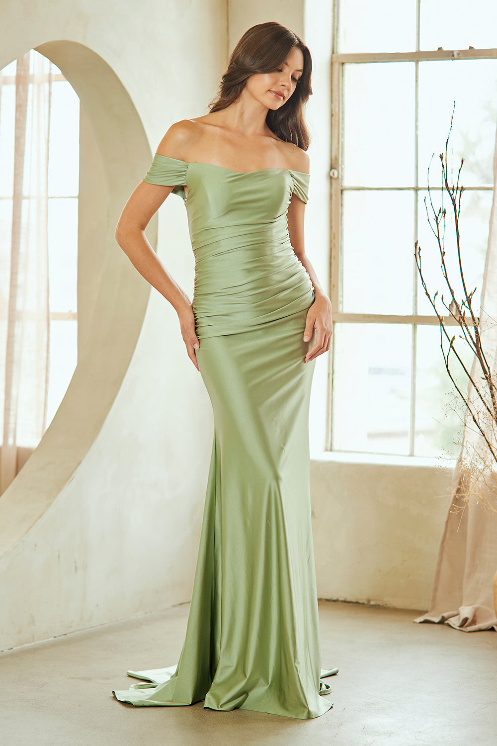 3101 off-shoulder draped slit gown, sage, front view
