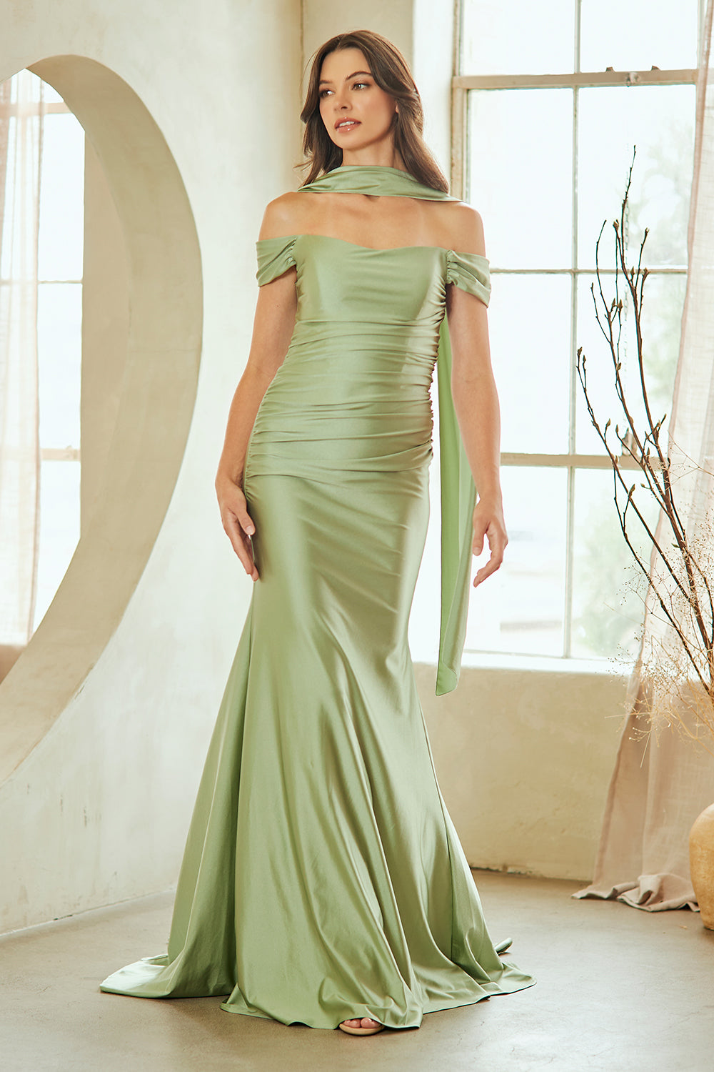 3101 off-shoulder draped slit gown, sage, front view