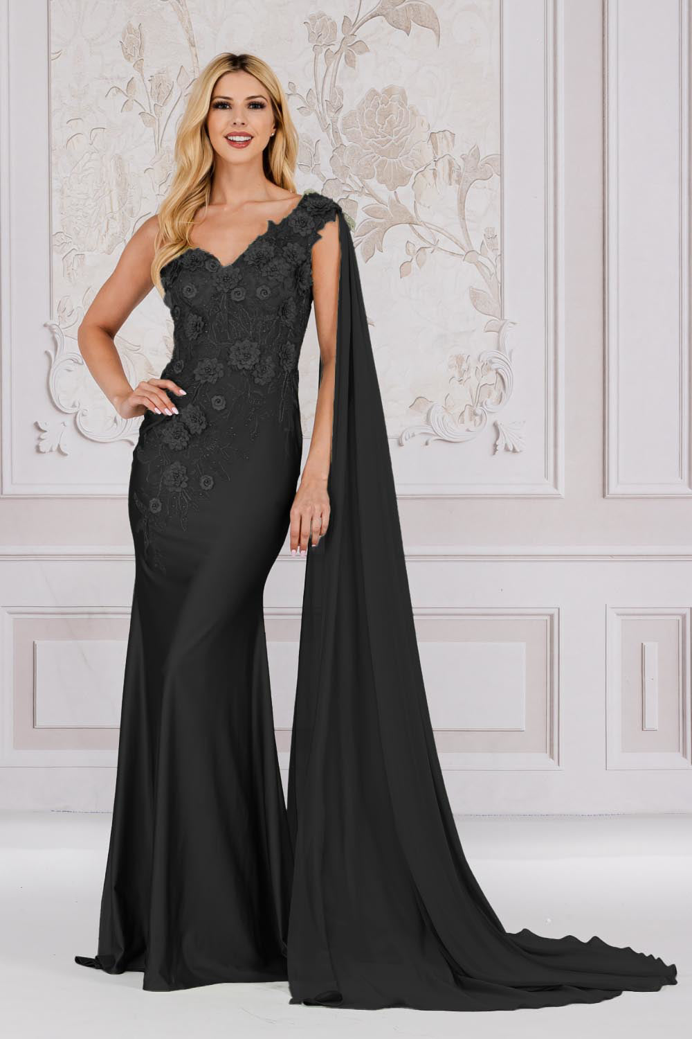 388 one-shoulder floral cape gown, black, front view