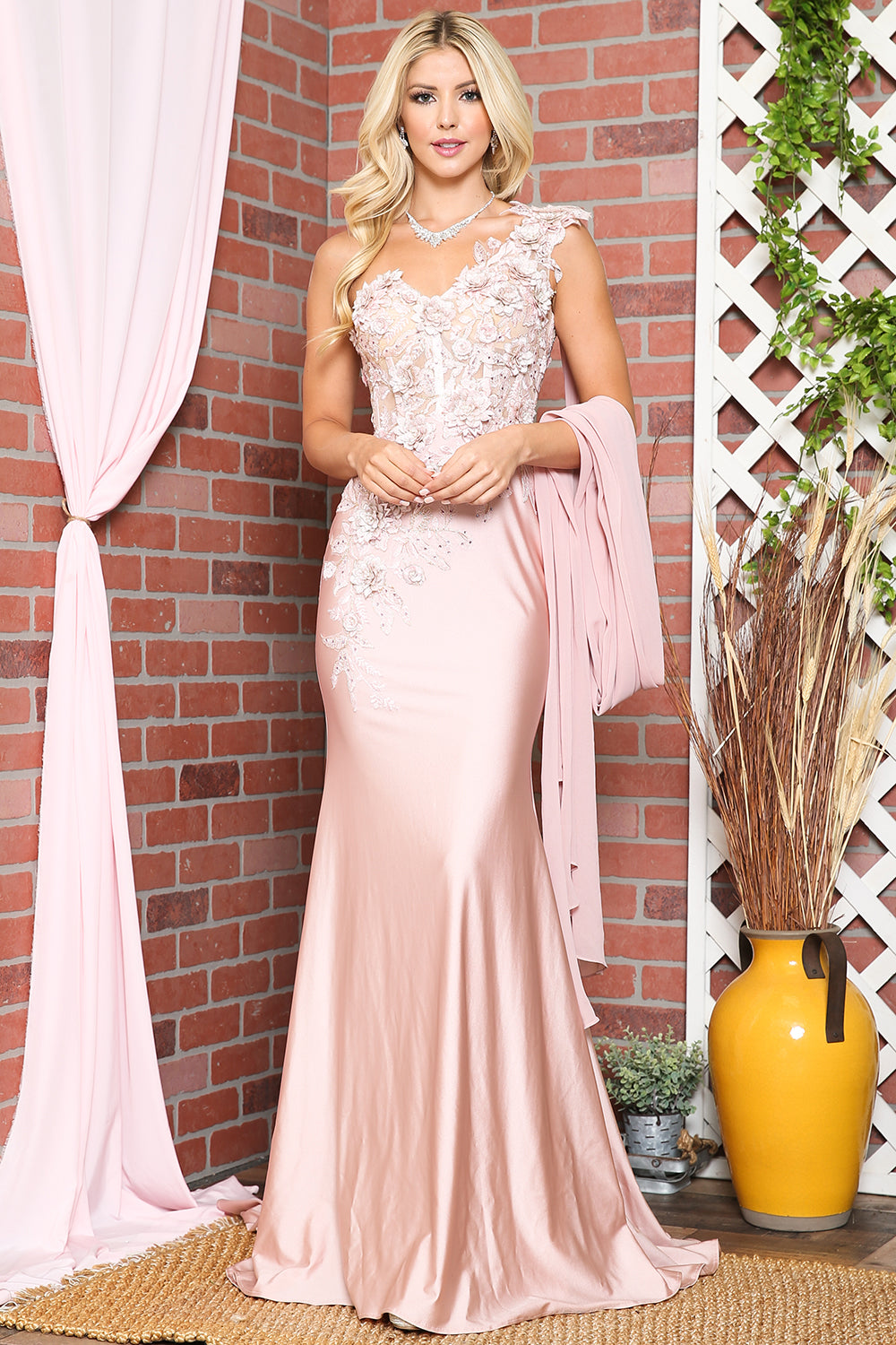 388 one-shoulder floral cape gown, blush, front view