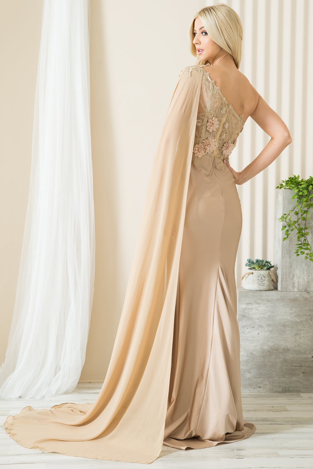 388 one-shoulder floral cape gown, champagne, back view