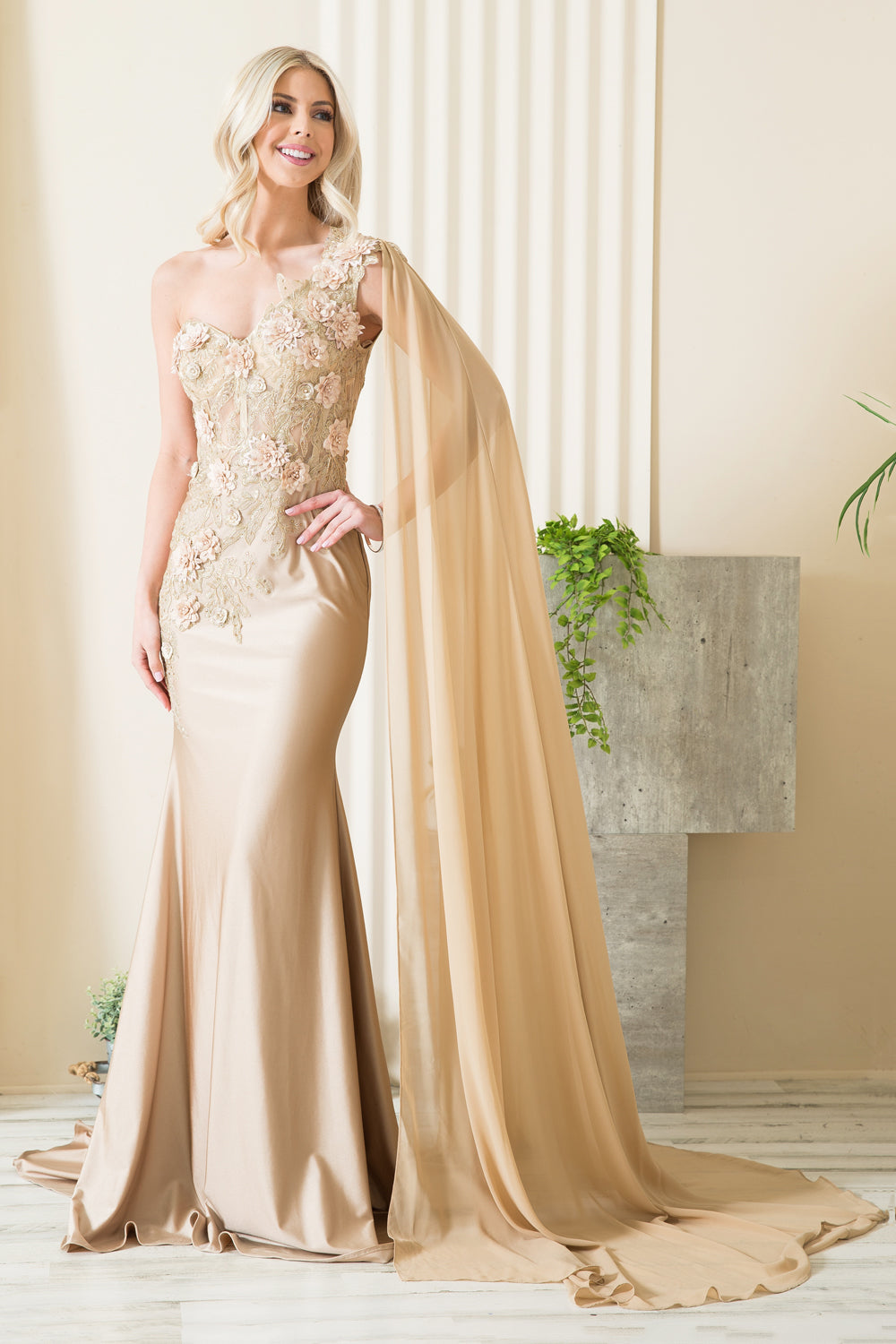 388 one-shoulder floral cape gown, champagne, front view