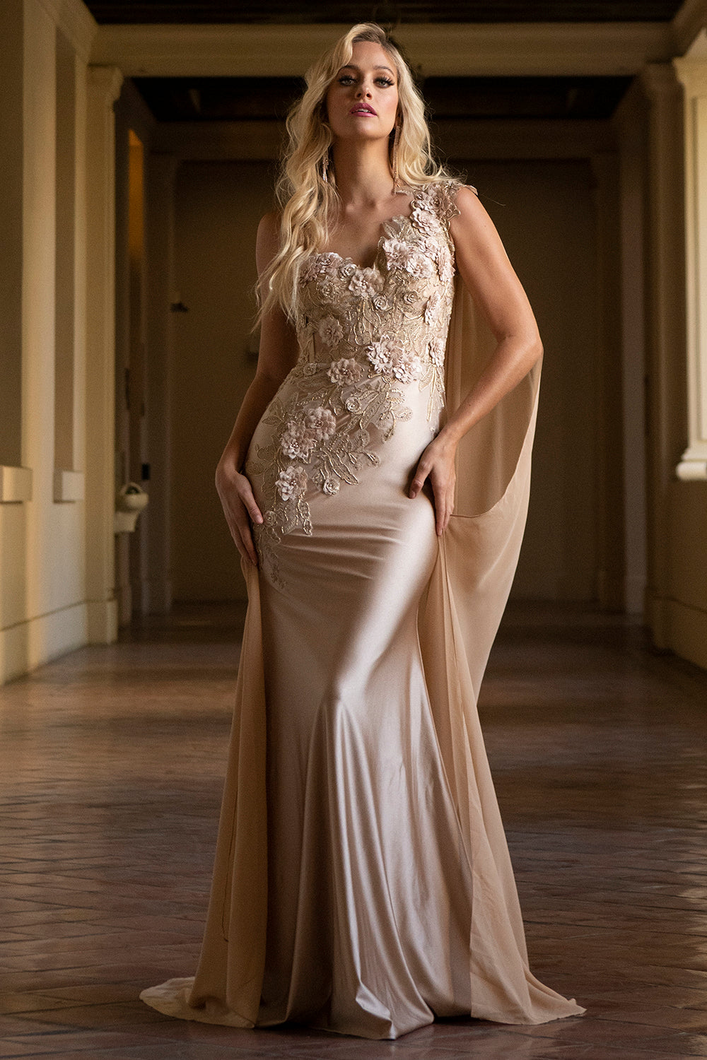 388 one-shoulder floral cape gown, champagne, front view