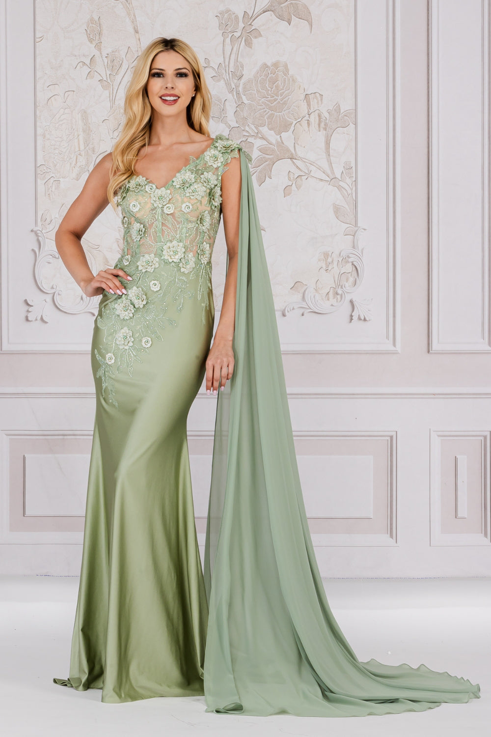 388 one-shoulder floral cape gown, sage, front view