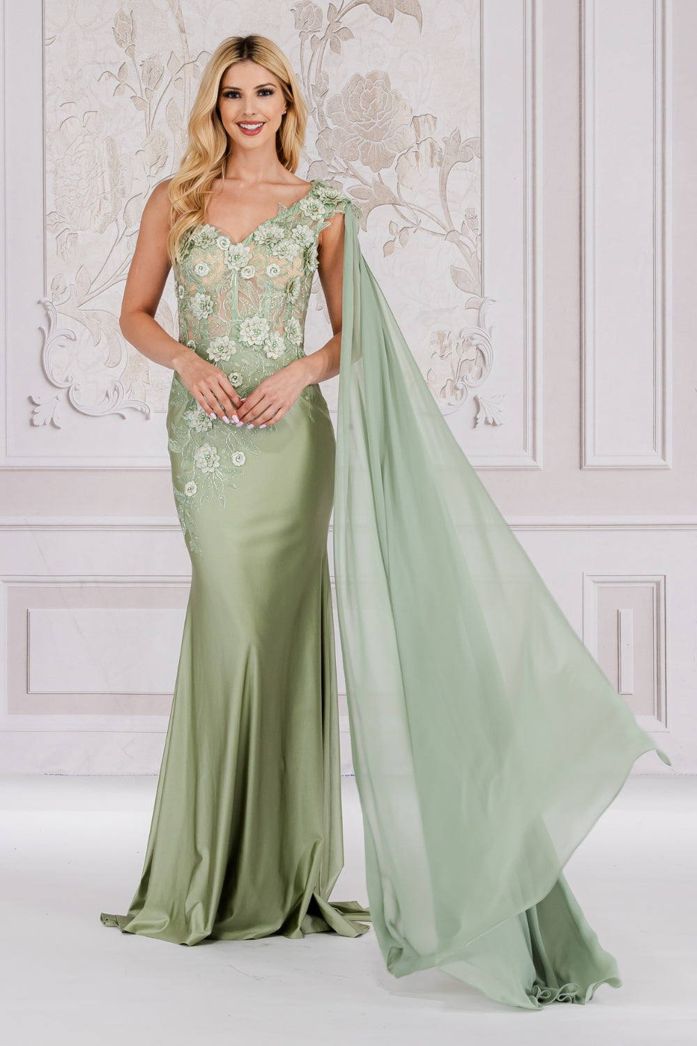 388 one-shoulder floral cape gown, sage, front view