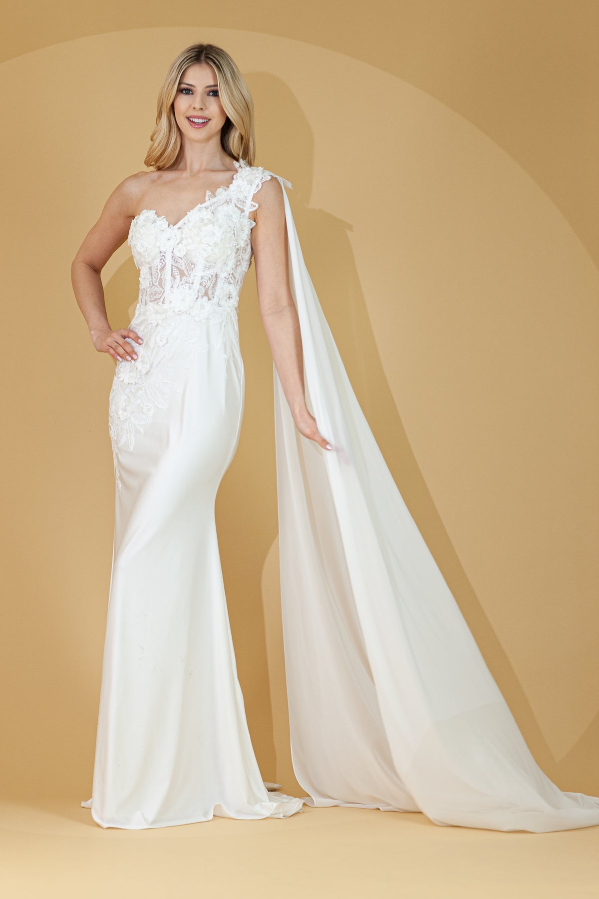 388 one-shoulder floral cape gown, white, front view