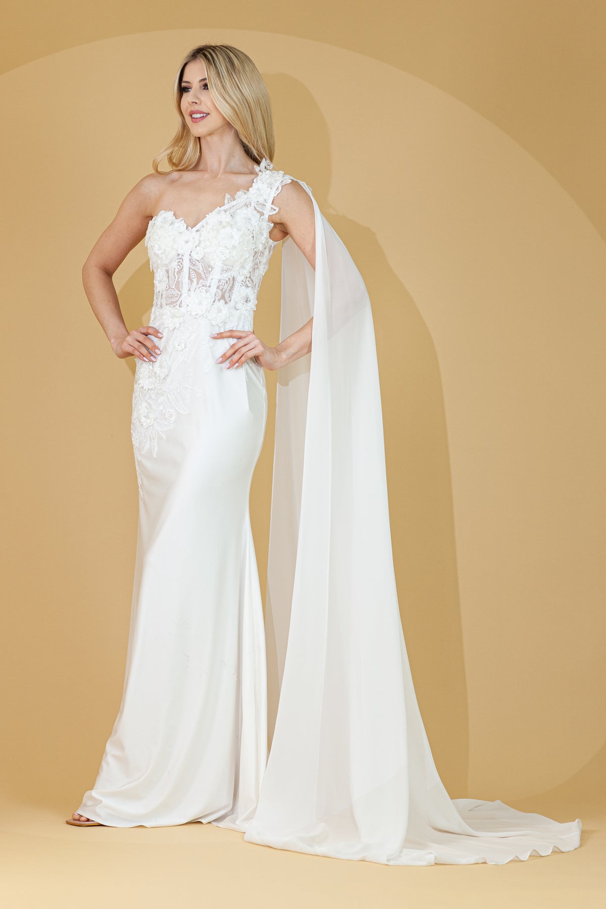 388 one-shoulder floral cape gown, white, front view
