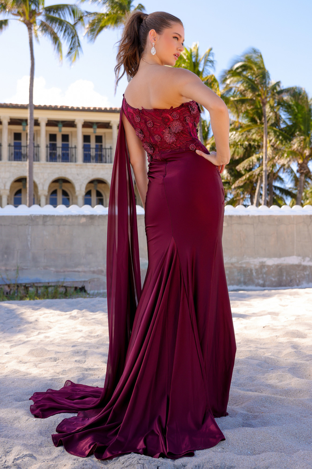 388 one-shoulder floral cape gown, wine, back view