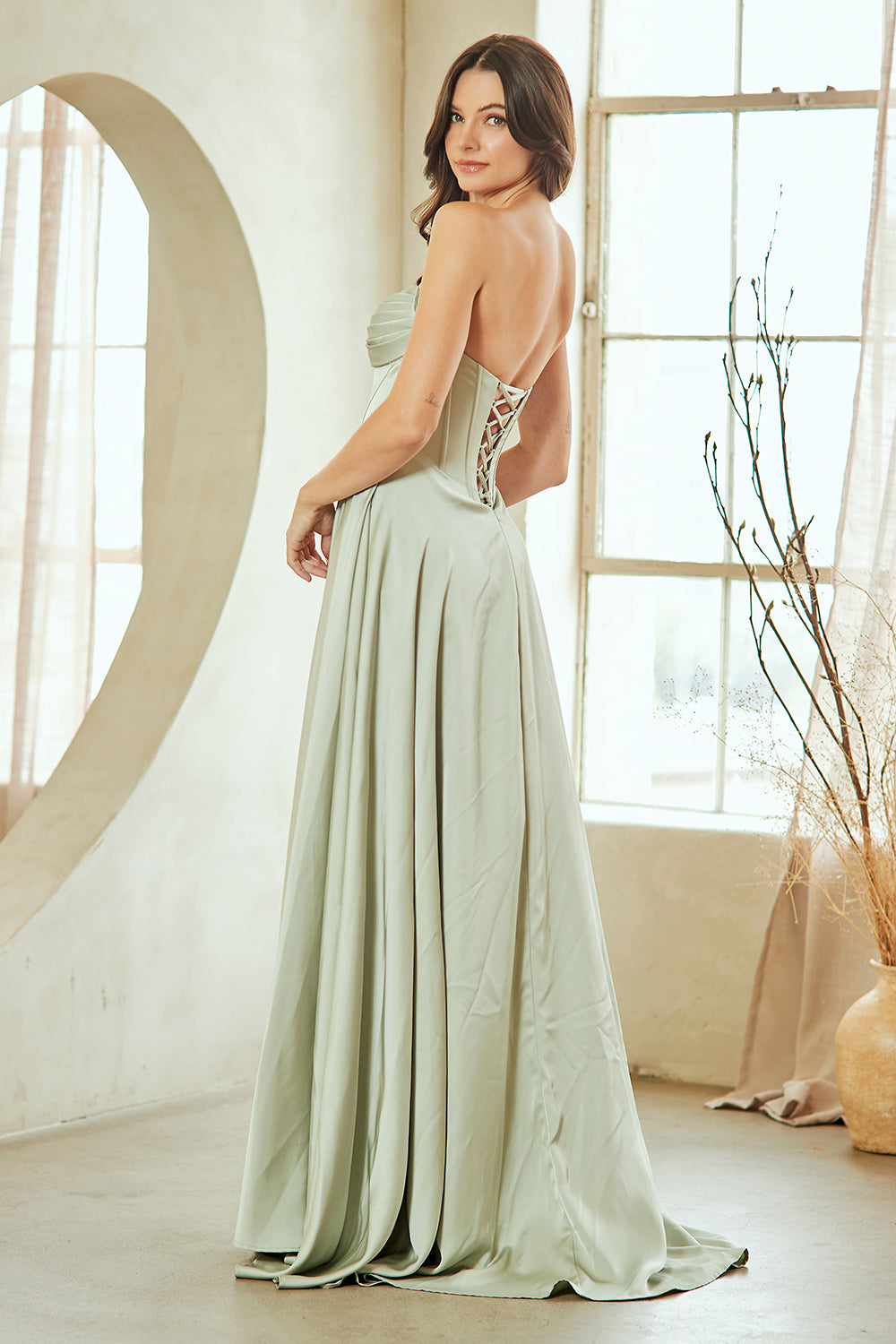 4053 strapless corset a-line gown, sage, back view